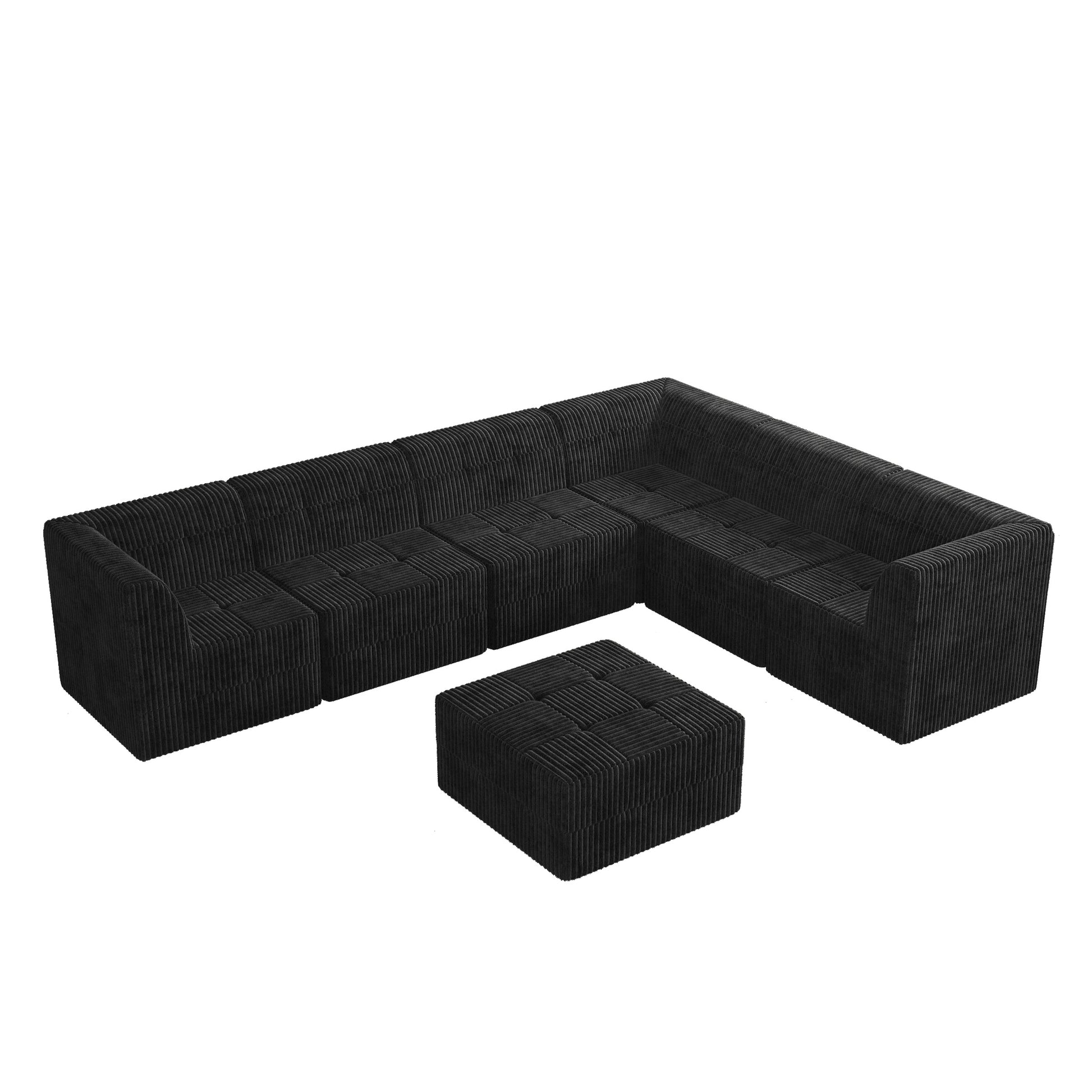 Black corduroy sectional sofa with modular seating and matching ottoman for living room comfort