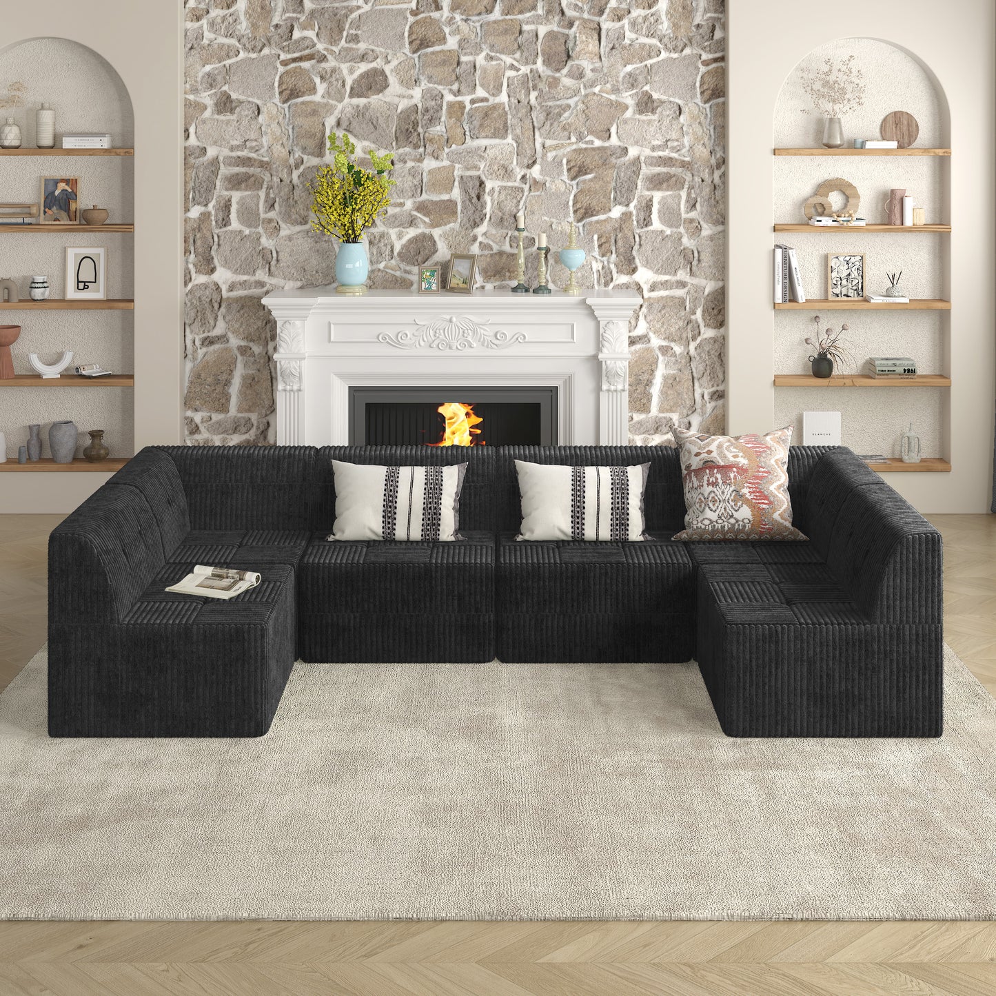 Dark gray corduroy sectional sofa with plush cushions and throw pillows perfect for a modern living room
