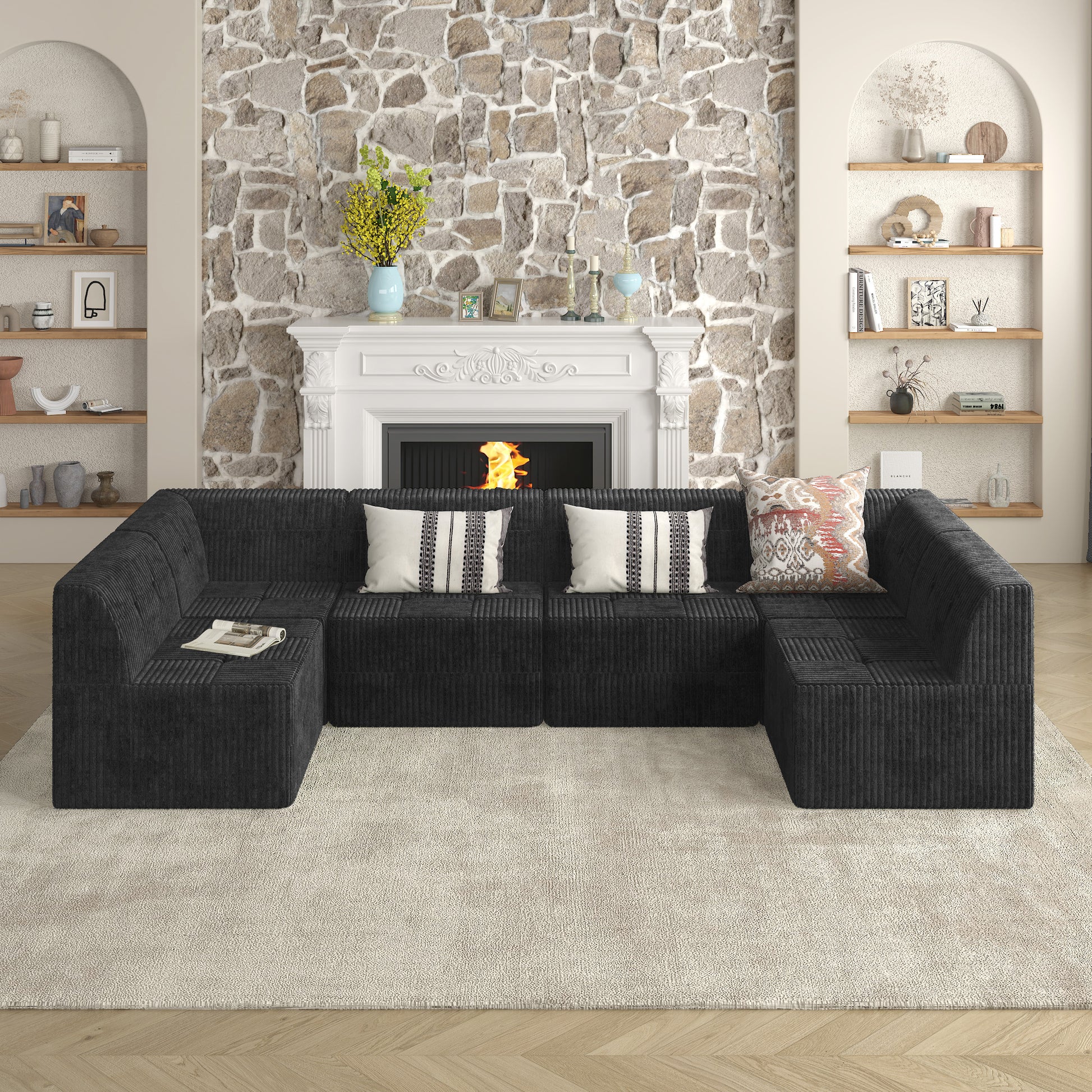 Dark gray corduroy sectional sofa with plush cushions and throw pillows perfect for a modern living room