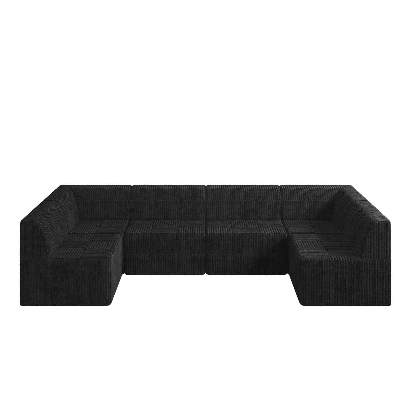 Black modular corduroy sectional sofa with deep seating and plush cushions