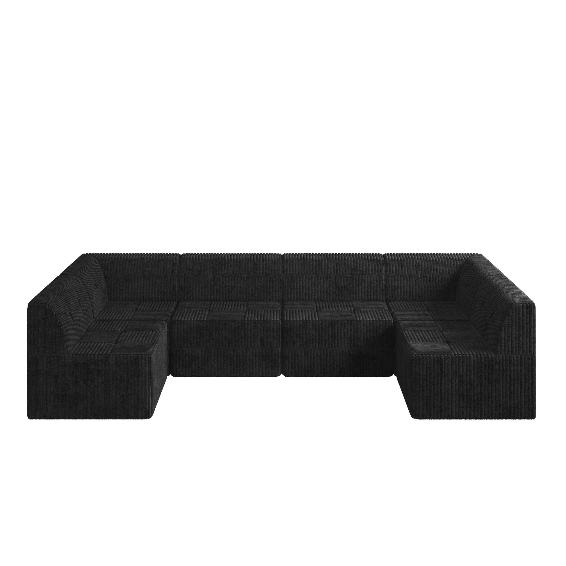 Black modular corduroy sectional sofa with deep seating and plush cushions