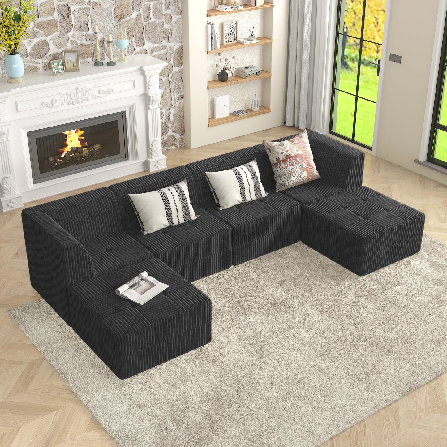Dark gray corduroy sectional sofa with tufted ottoman perfect for modern living rooms