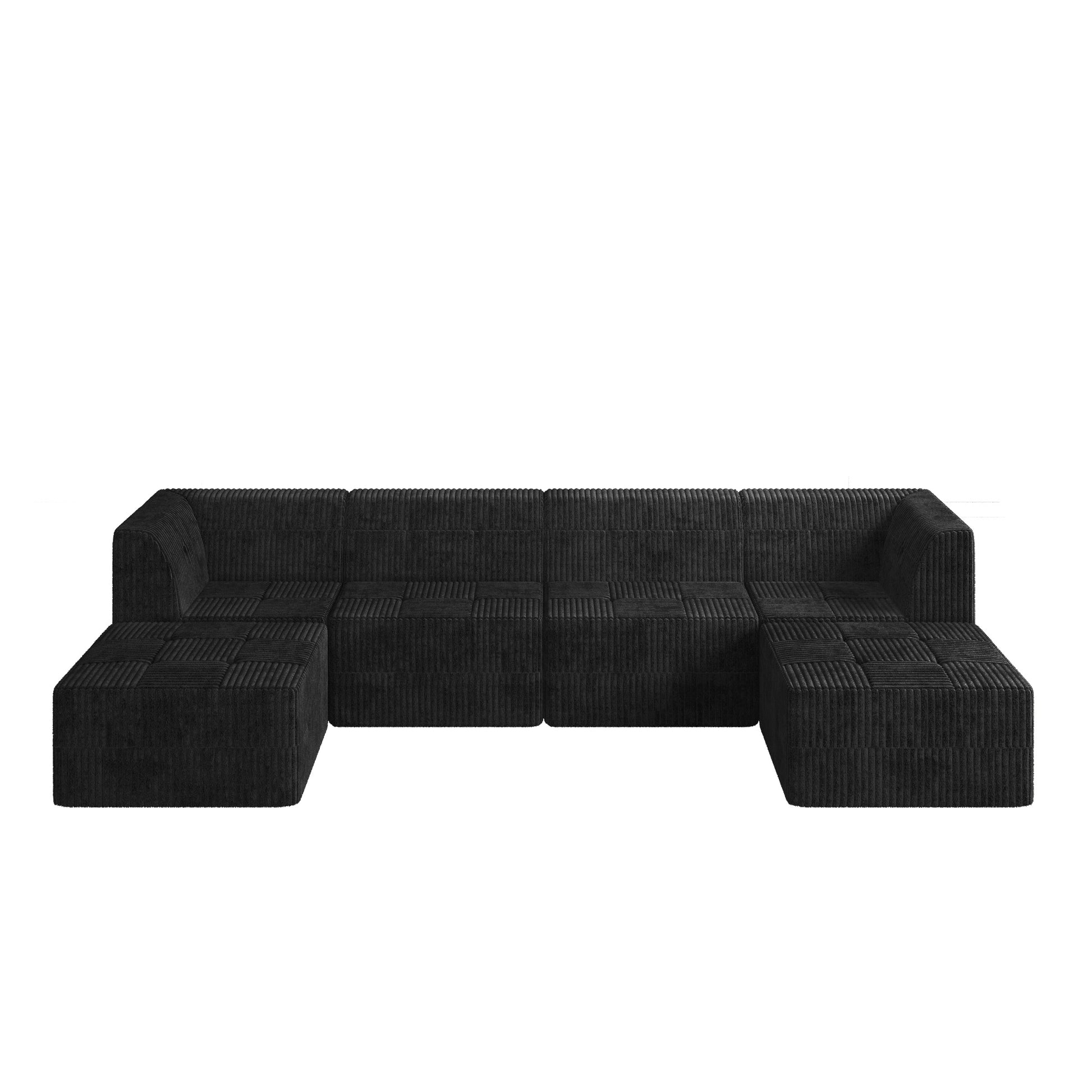 Plush black modular sectional sofa with ribbed texture and two matching ottomans