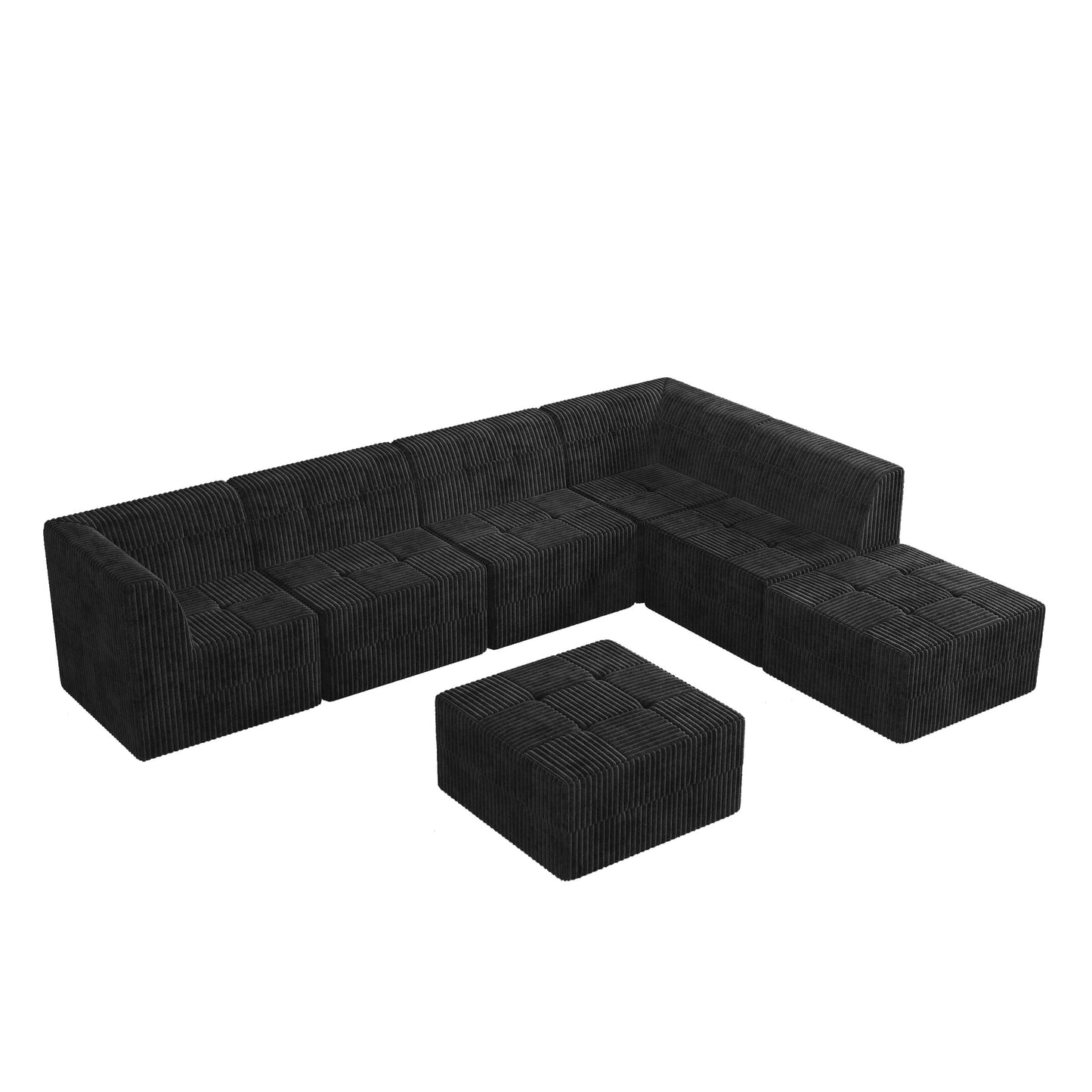 Black corduroy sectional sofa with modular cubes and matching ottoman for modern living spaces