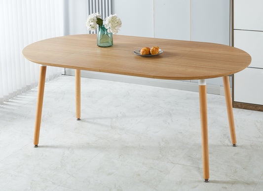 Light oak wood dining table oval shape midcentury modern design seats four