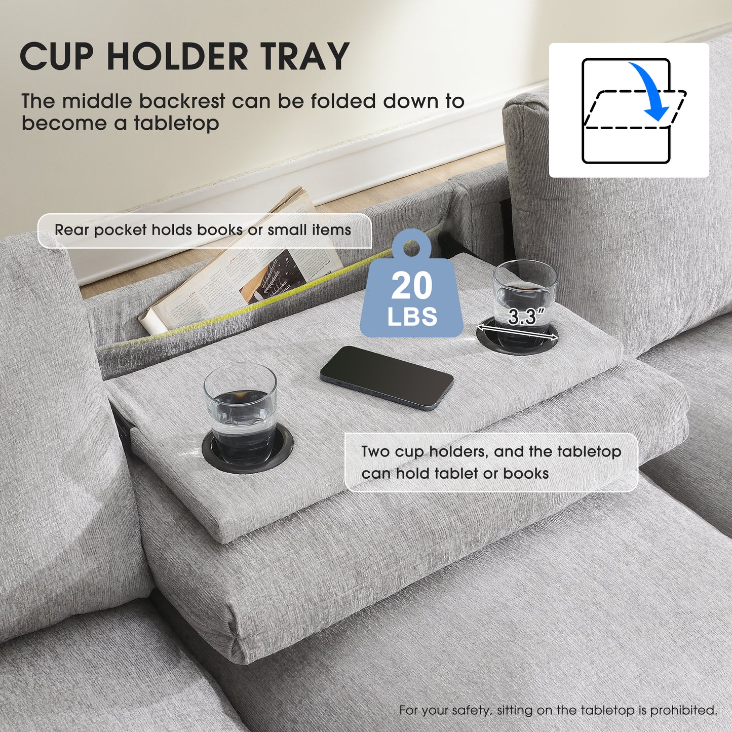 Gray fabric sofa armrest tray with two cup holders and a flat surface