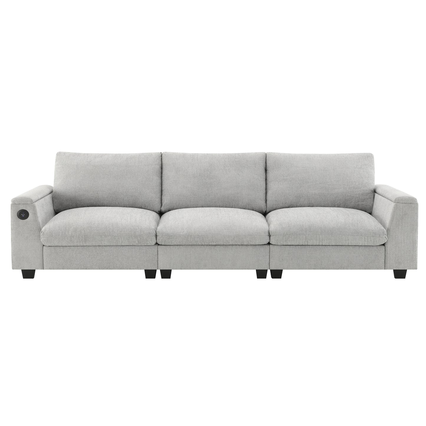 Light gray upholstered threeseater sofa with clean lines and integrated USB ports on the armrest