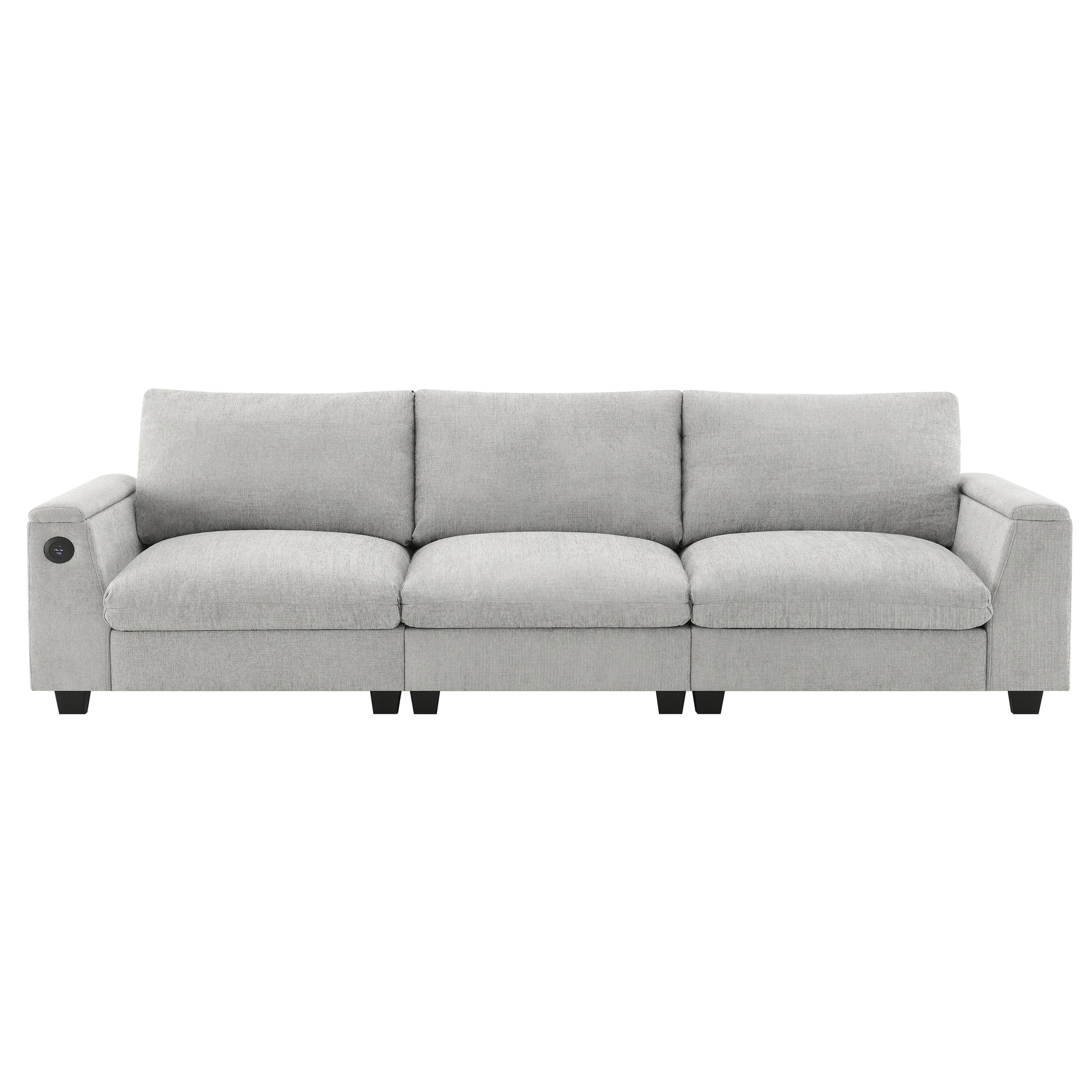 Light gray upholstered threeseater sofa with clean lines and integrated USB ports on the armrest