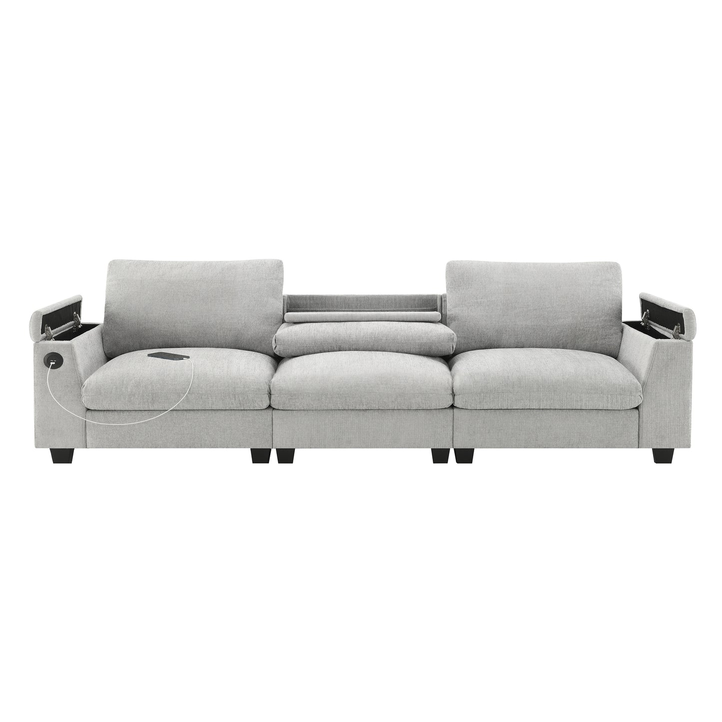 Light grey fabric modular sofa with builtin USB charging ports and hidden storage compartments