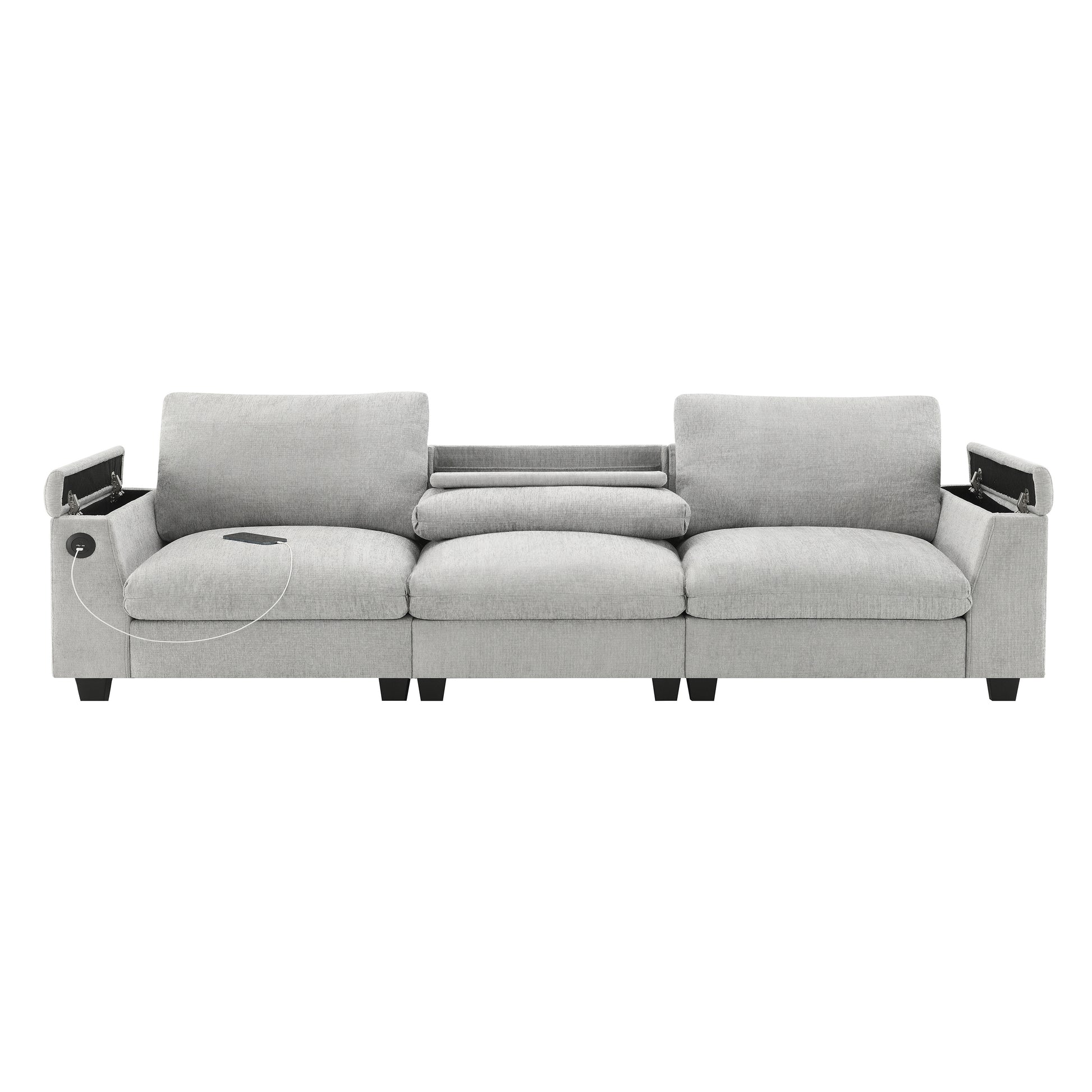Light grey fabric modular sofa with builtin USB charging ports and hidden storage compartments