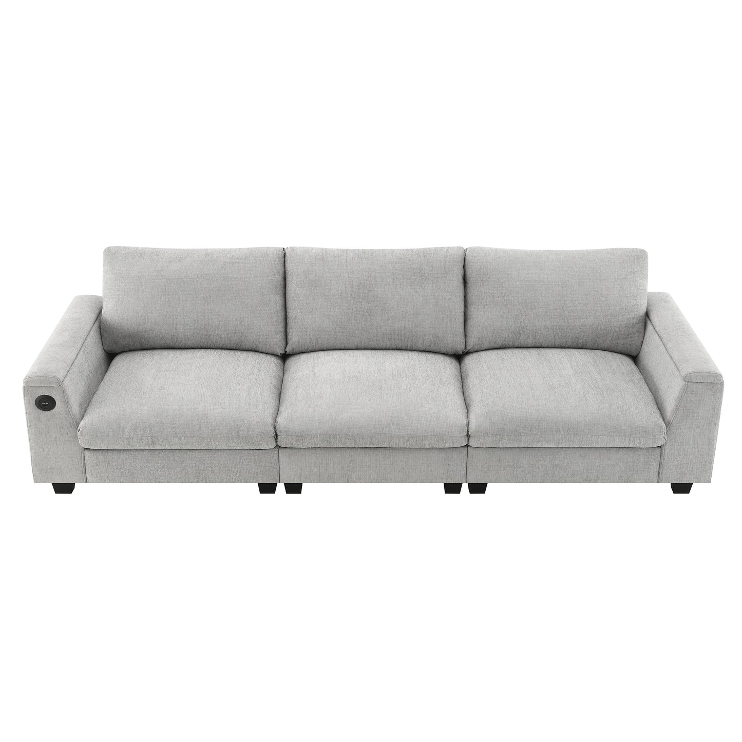 Light grey fabric threeseater sofa with USB charging port on armrest