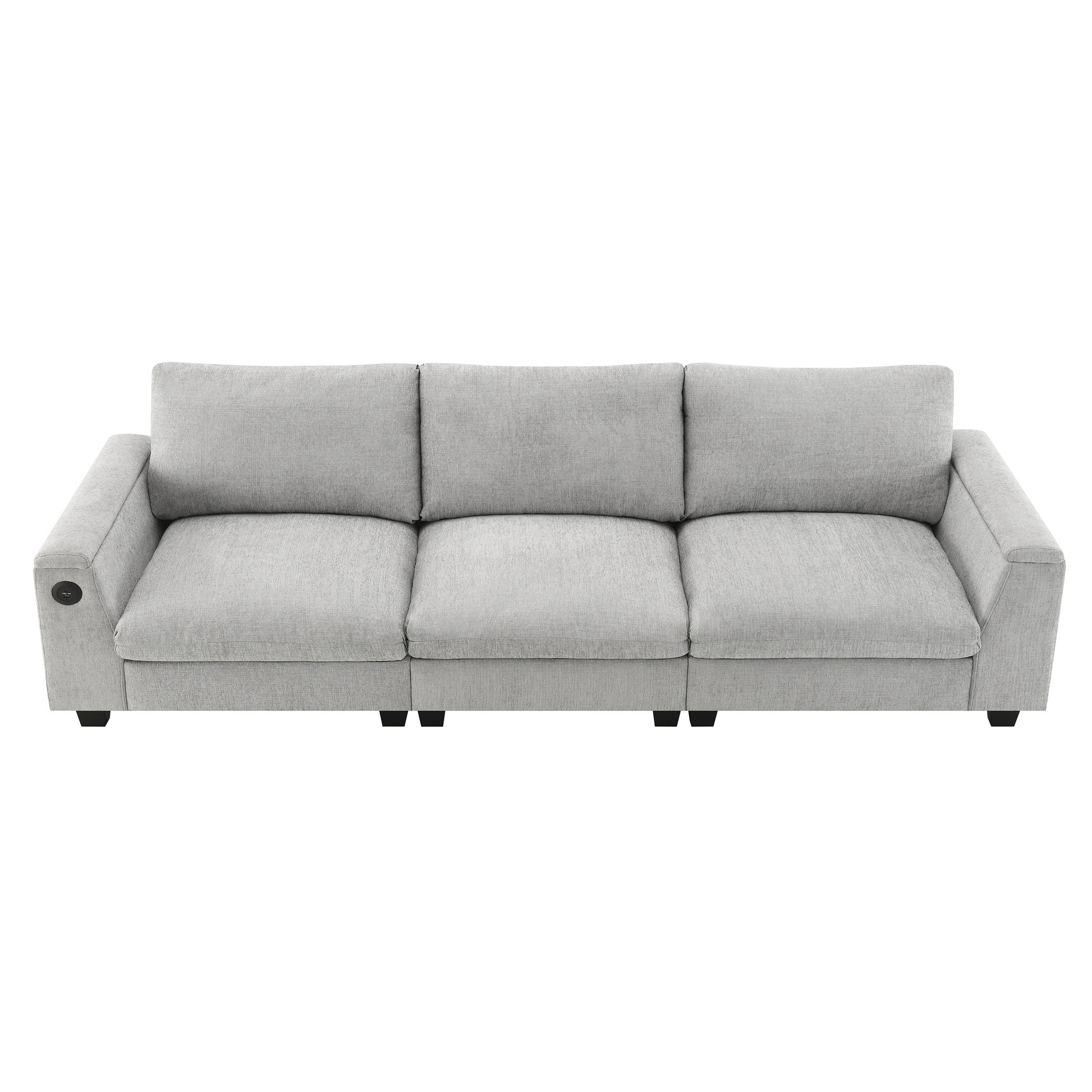 Light grey fabric threeseater sofa with USB charging port on armrest