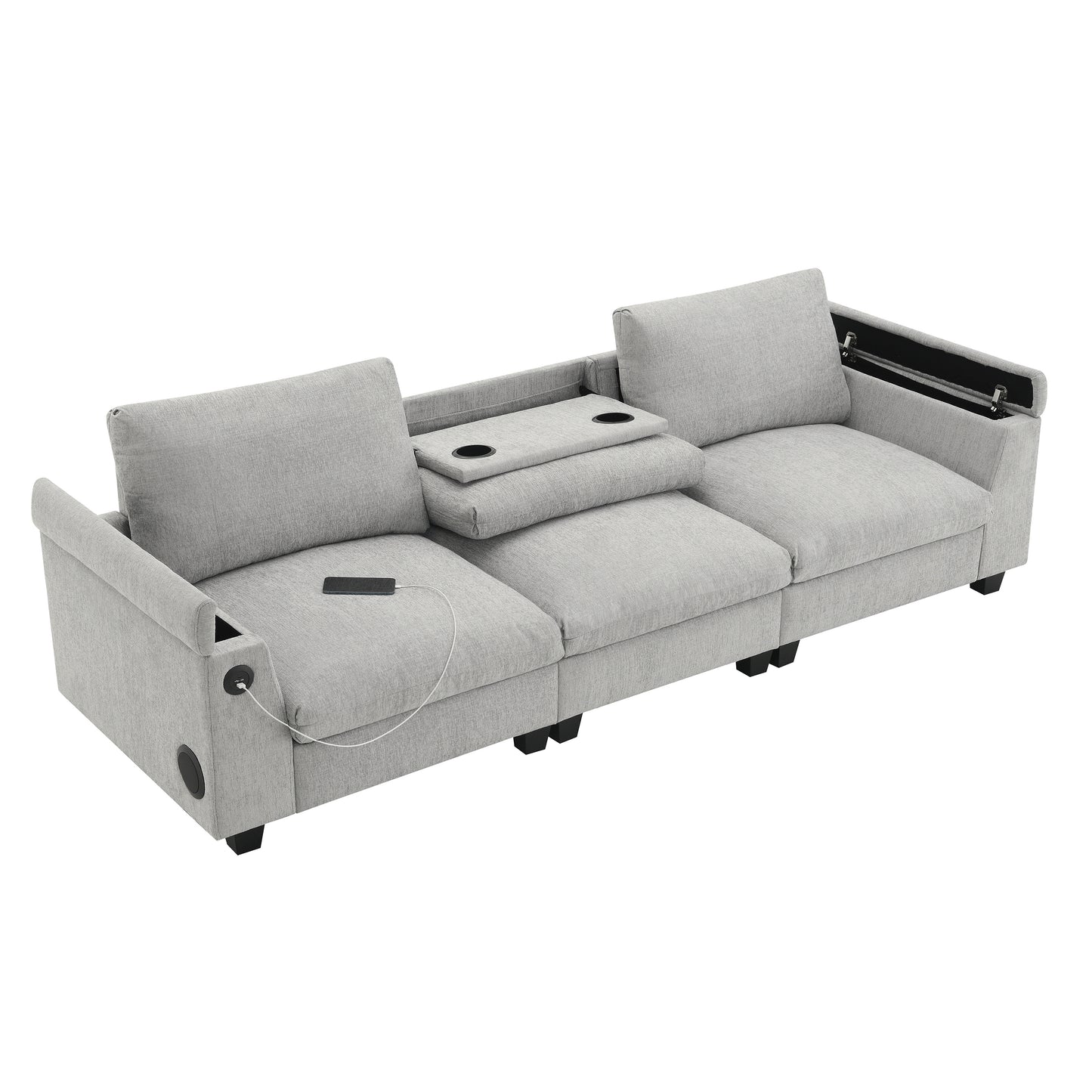 Light gray sectional sofa with builtin cup holders and charging ports