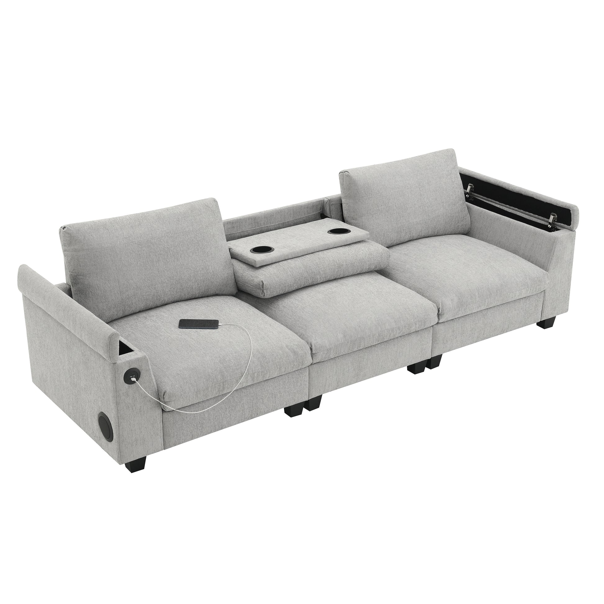 Light gray sectional sofa with builtin cup holders and charging ports