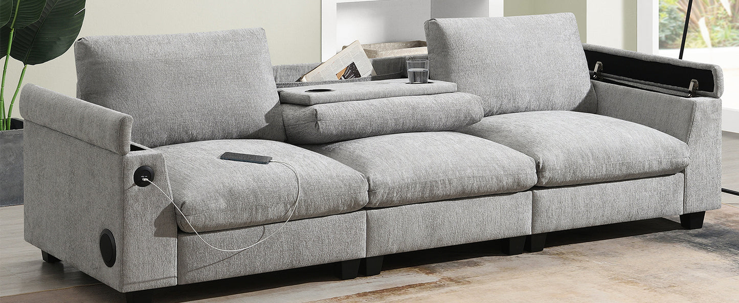 Modern grey sectional sofa with builtin USB charger and speaker