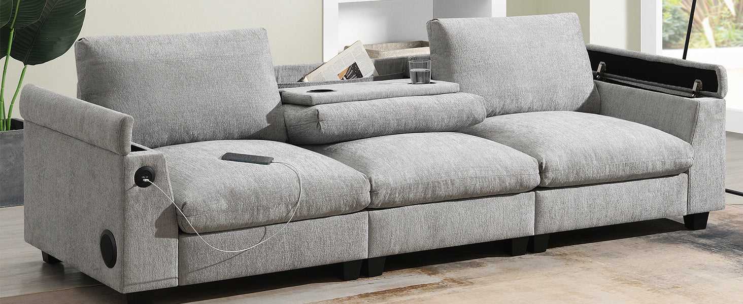 Modern grey sectional sofa with builtin USB charger and speaker
