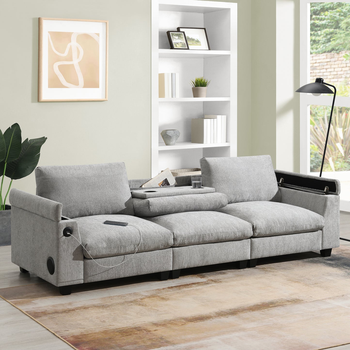 Contemporary gray fabric sectional sofa with builtin USB charging ports and storage