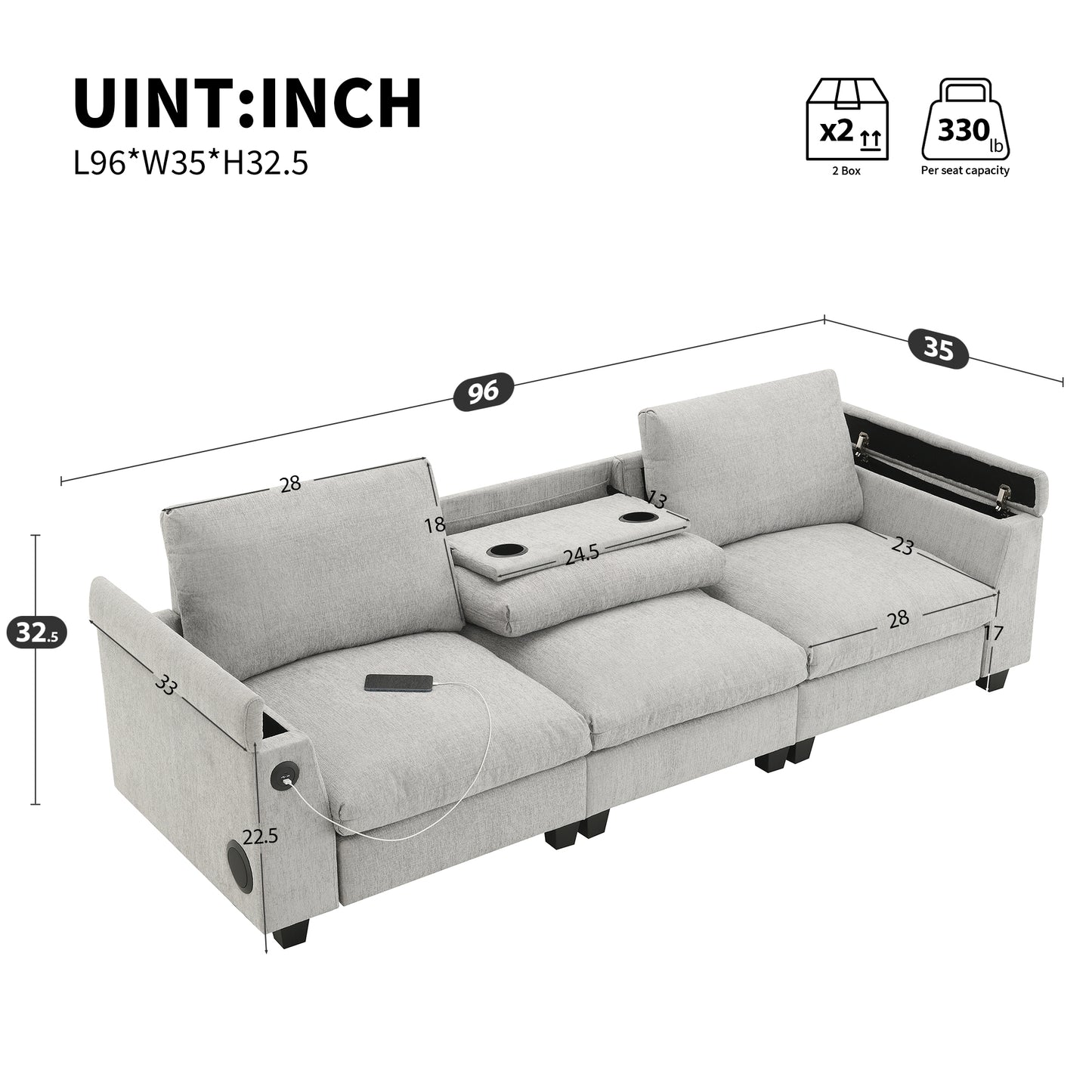 Light grey fabric sectional sofa with builtin charging ports and cup holders