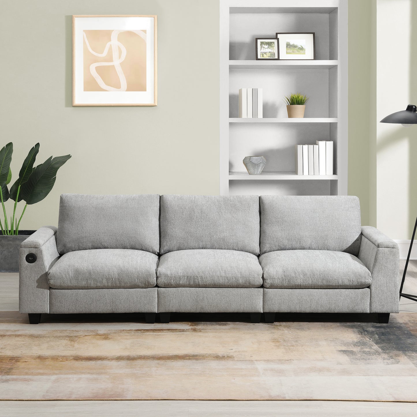 Light gray fabric sectional sofa with builtin USB charger