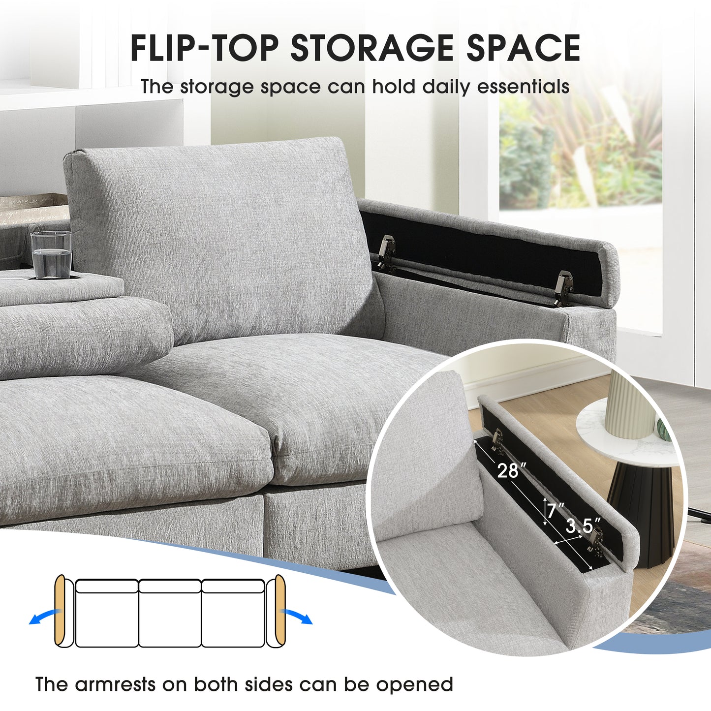 Gray fabric sectional sofa with fliptop storage armrests perfect for small spaces