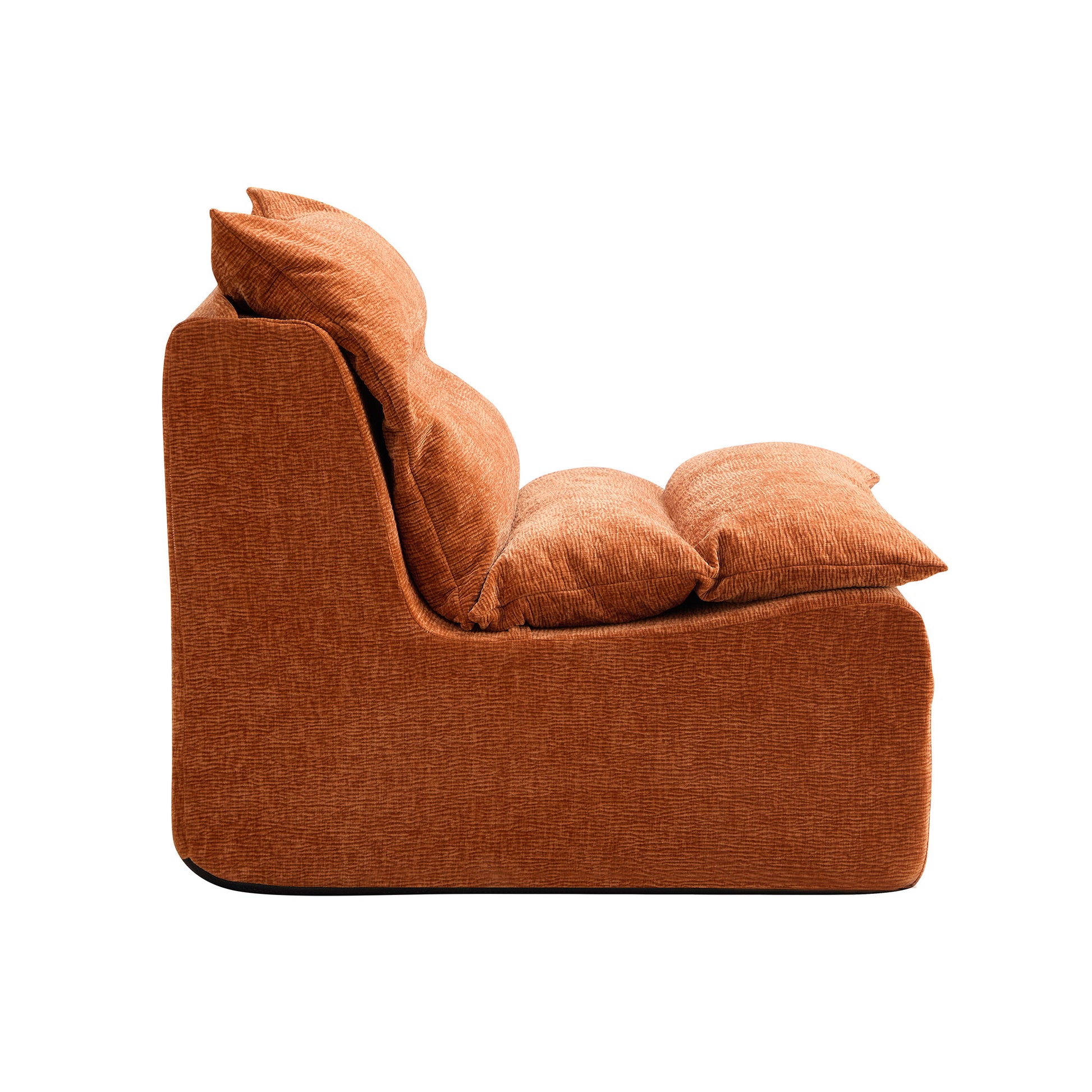 Plush burnt orange velvet accent chair with overstuffed cushions for comfortable seating