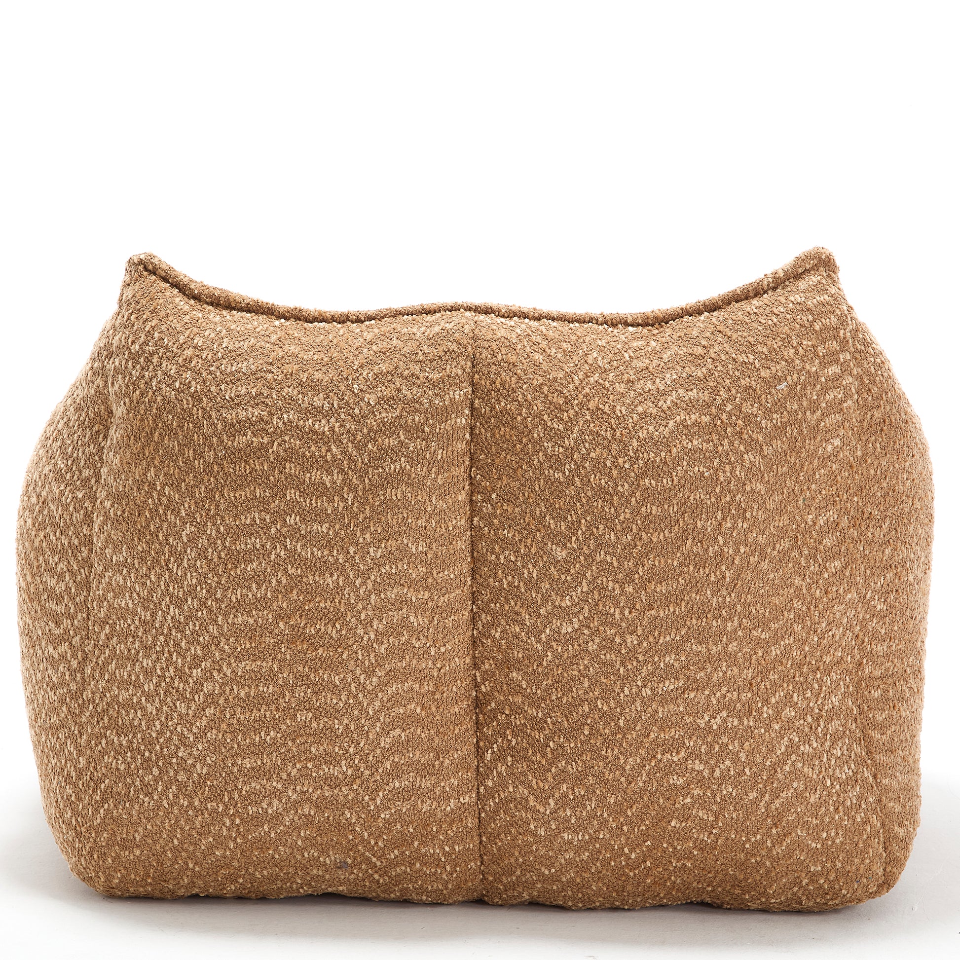Textured tan boucle ottoman with curved top perfect for modern living spaces