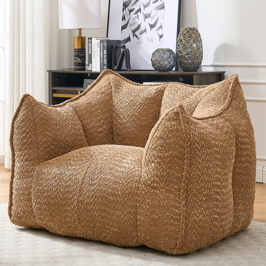 Cozy brown boucle armchair with plush oversized seating for ultimate comfort