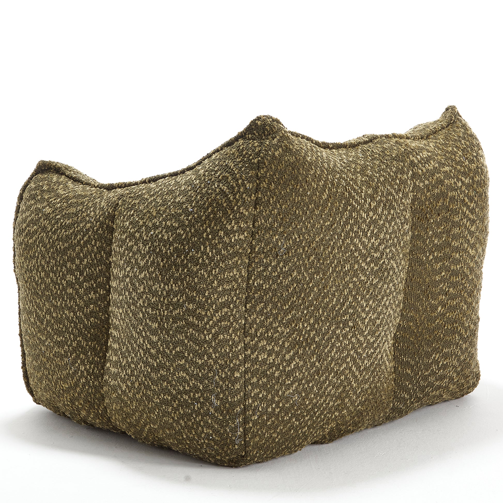 Textured olive green bean bag chair with visible stitching and herringbone pattern