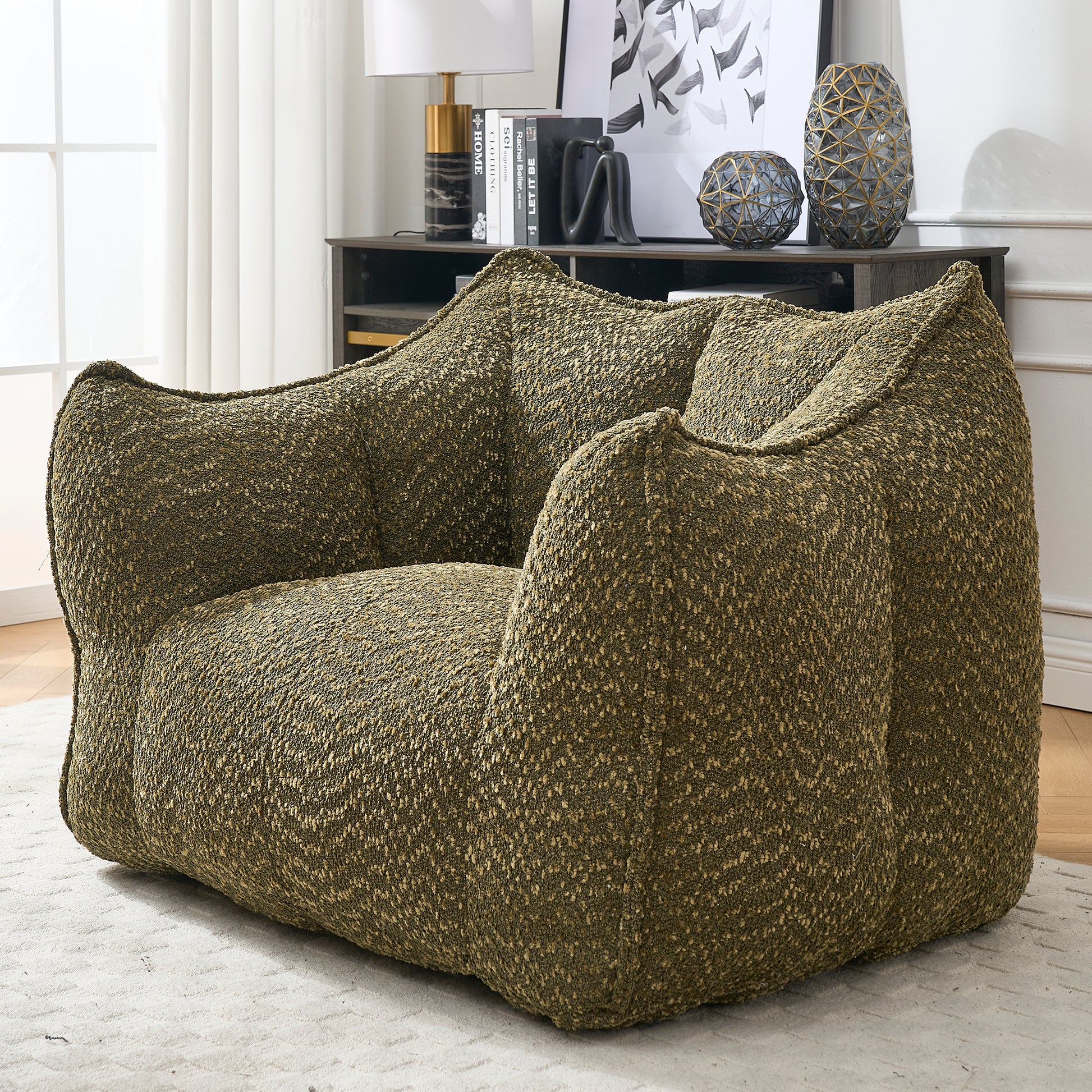 Textured moss green bean bag chair with plush seating for a cozy living room