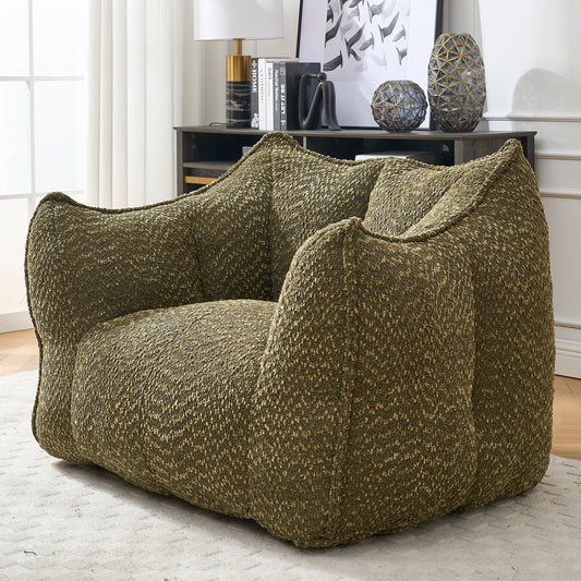 Textured moss green bean bag chair with plush seating for a cozy living room