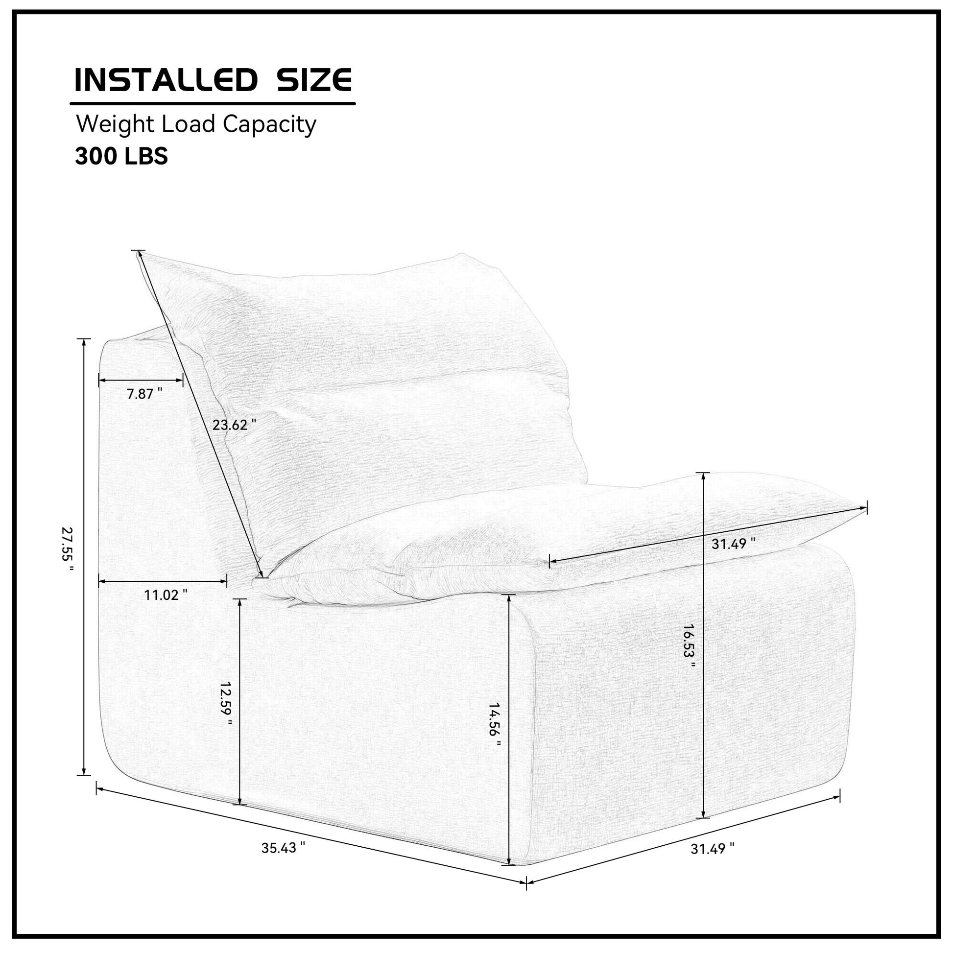 Diagram showing plush bean bag chair dimensions  W x  D x  H  lbs capacity
