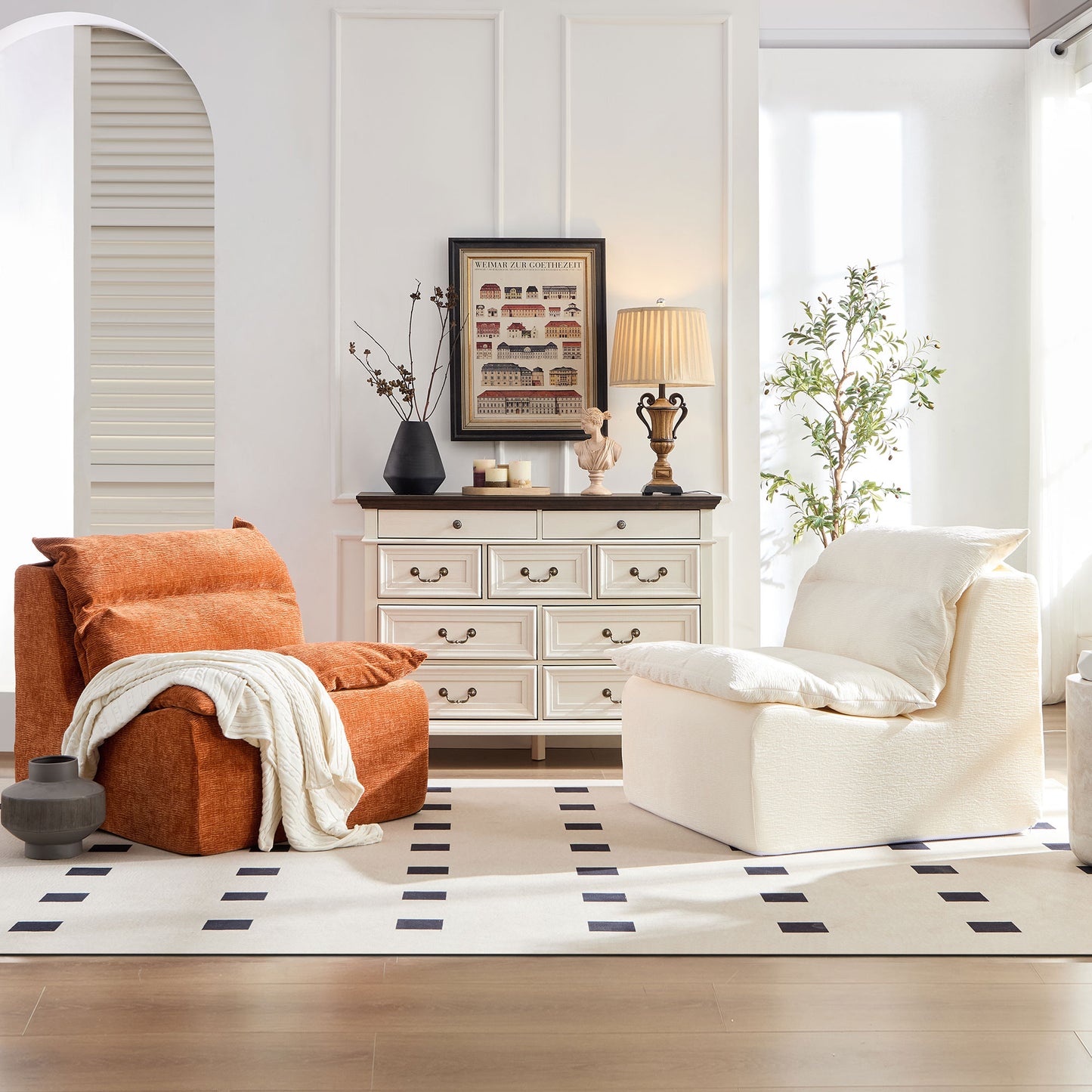 Modern modular sofa in textured orange fabric cozy and inviting living room accent chair