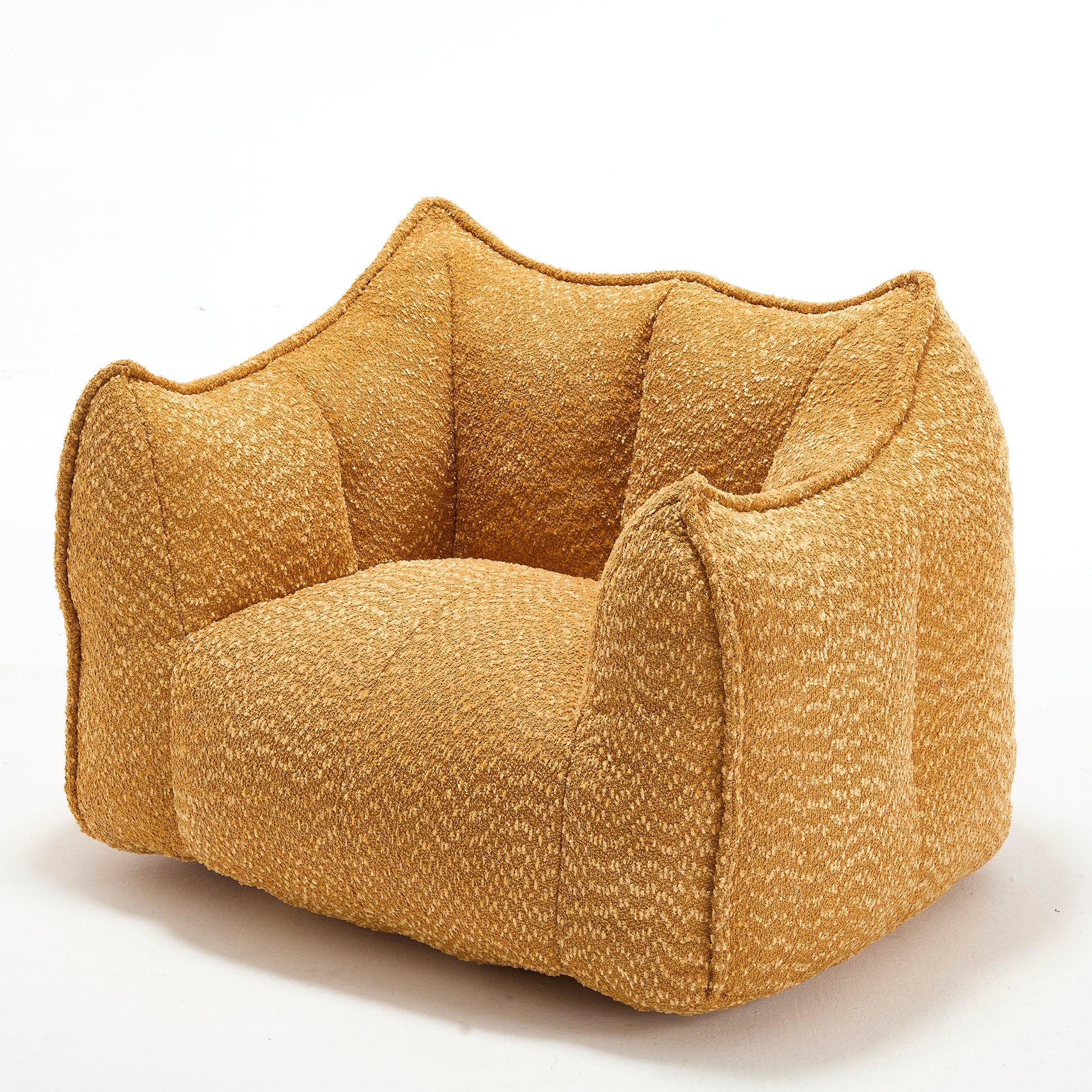 Ochre boucle fabric armchair with unique sculpted seat and backrest