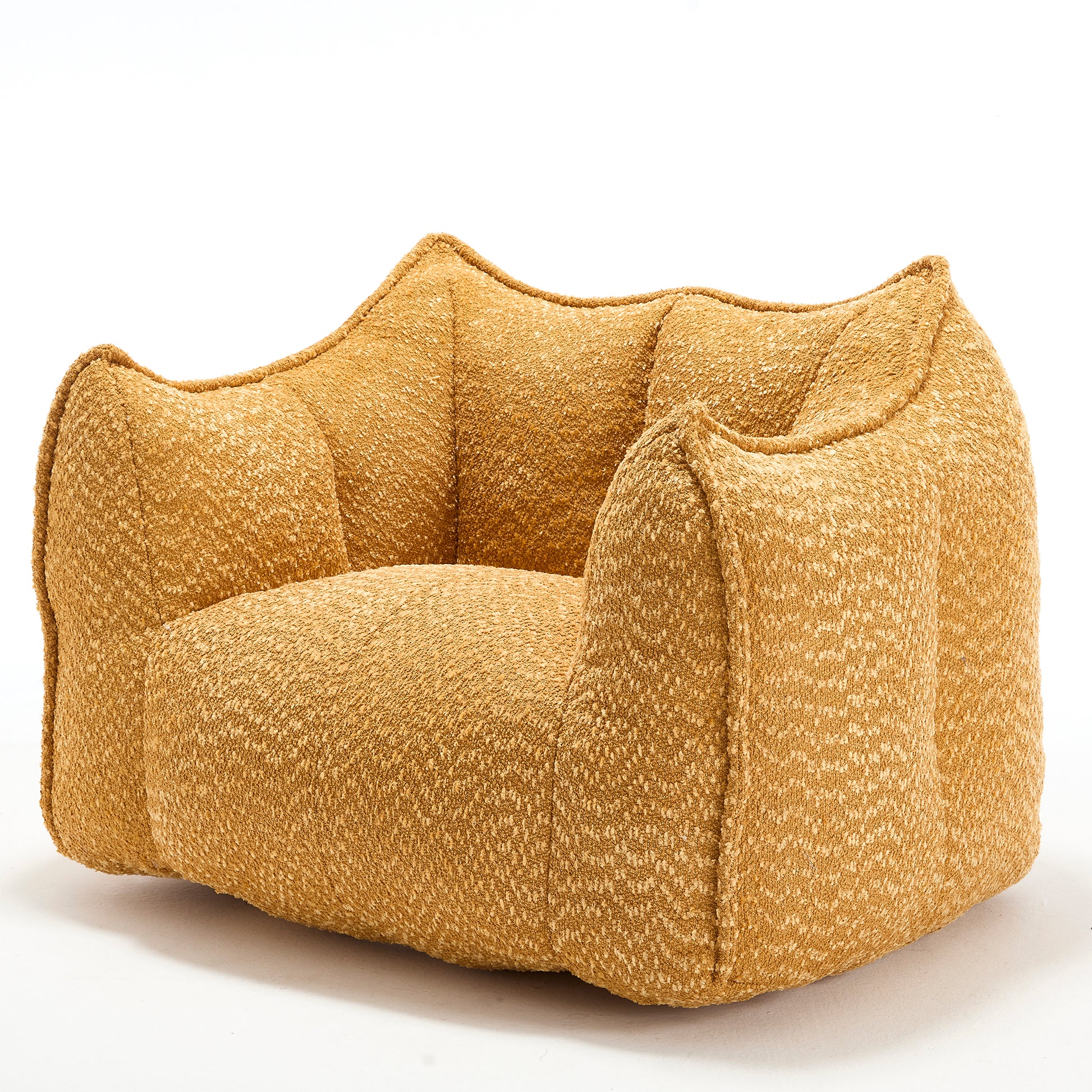 Mustard textured boucle armchair with rounded design and deep seating