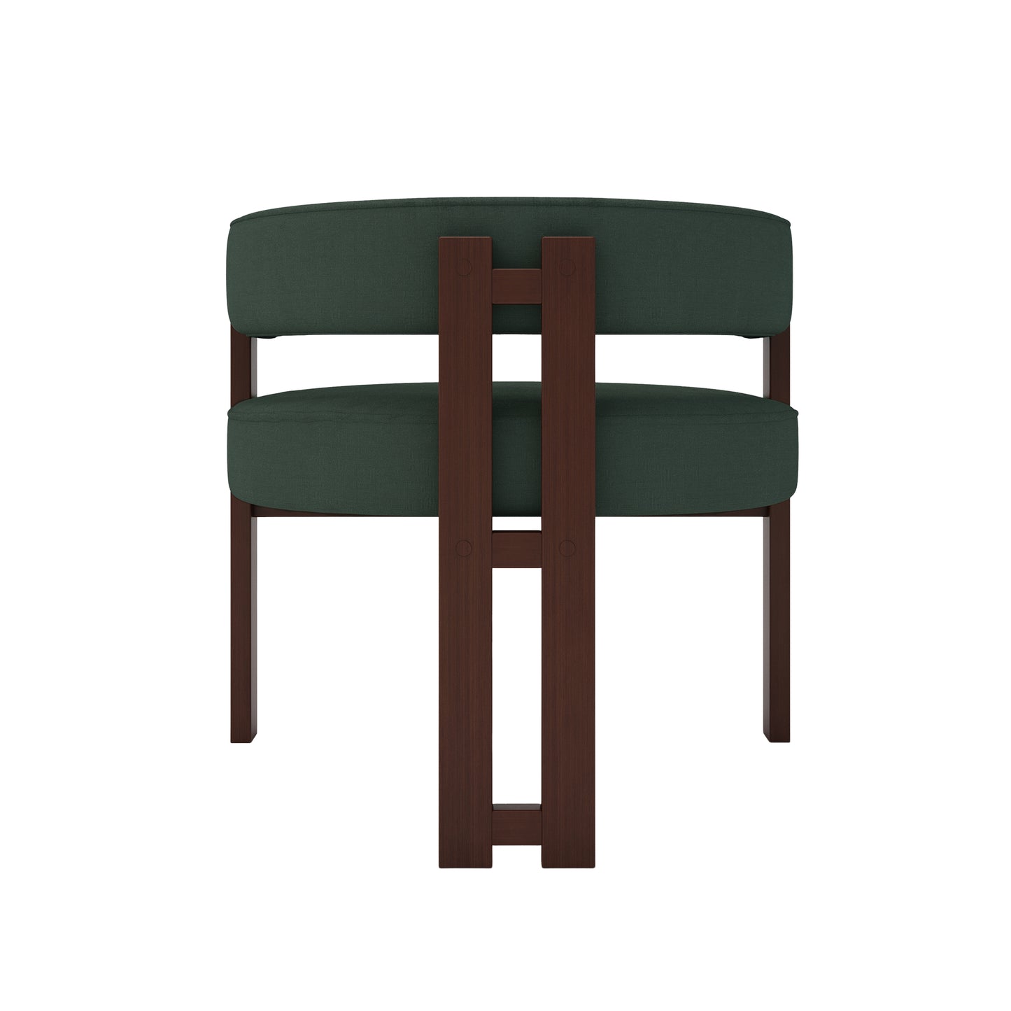 Back view of a dark green upholstered armchair with dark wood frame