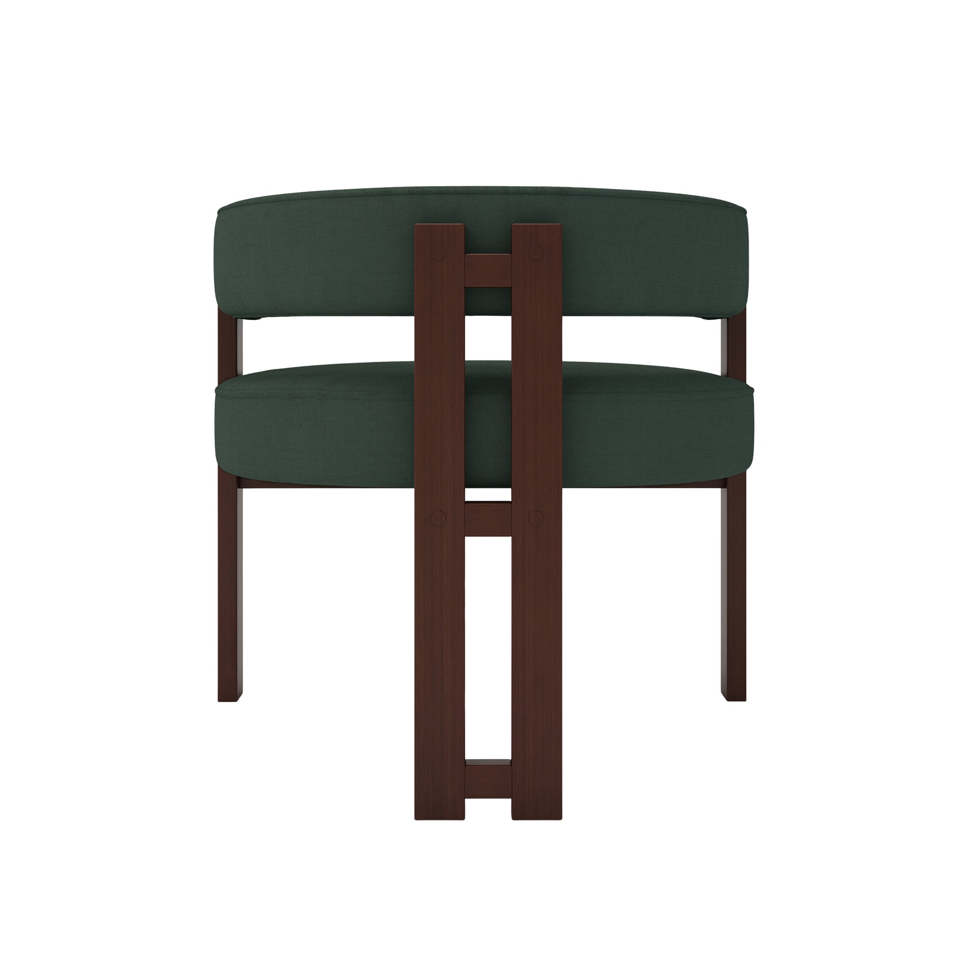 Back view of a dark green upholstered armchair with dark wood frame
