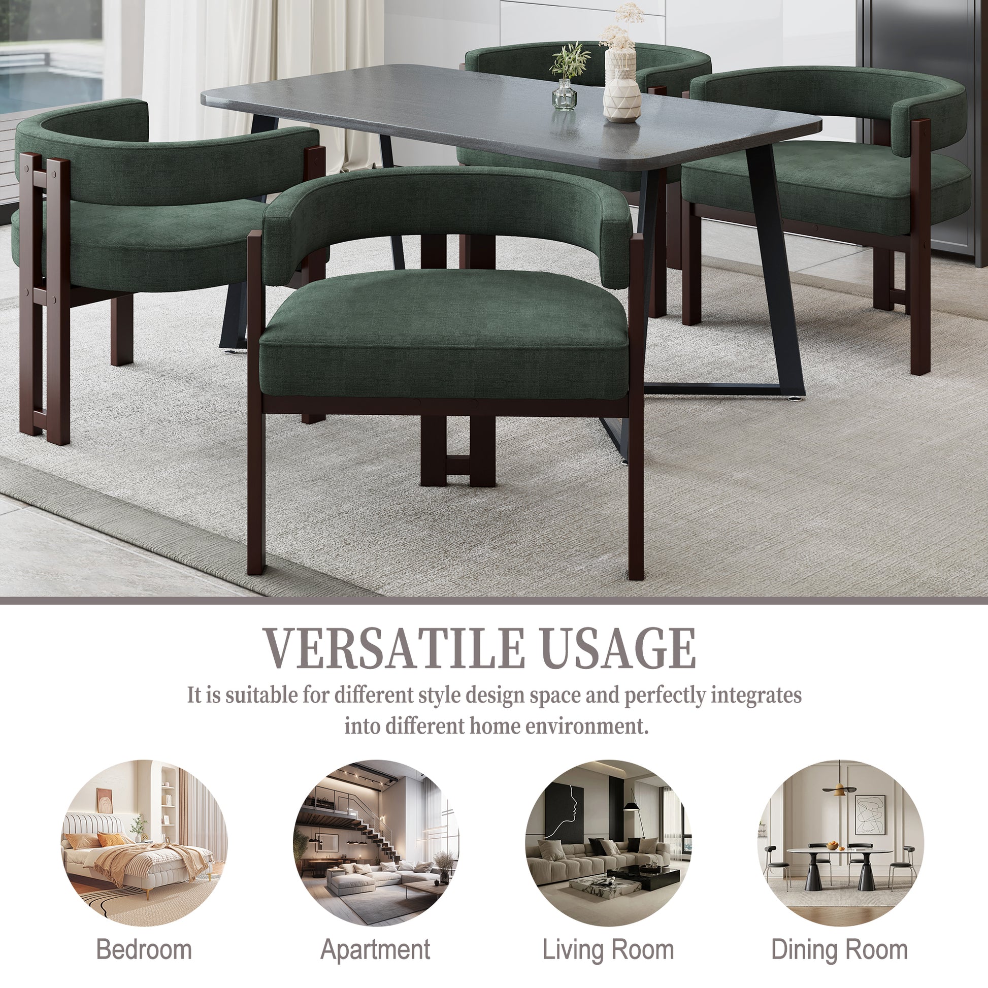 Dark green upholstered dining chair with dark wood frame