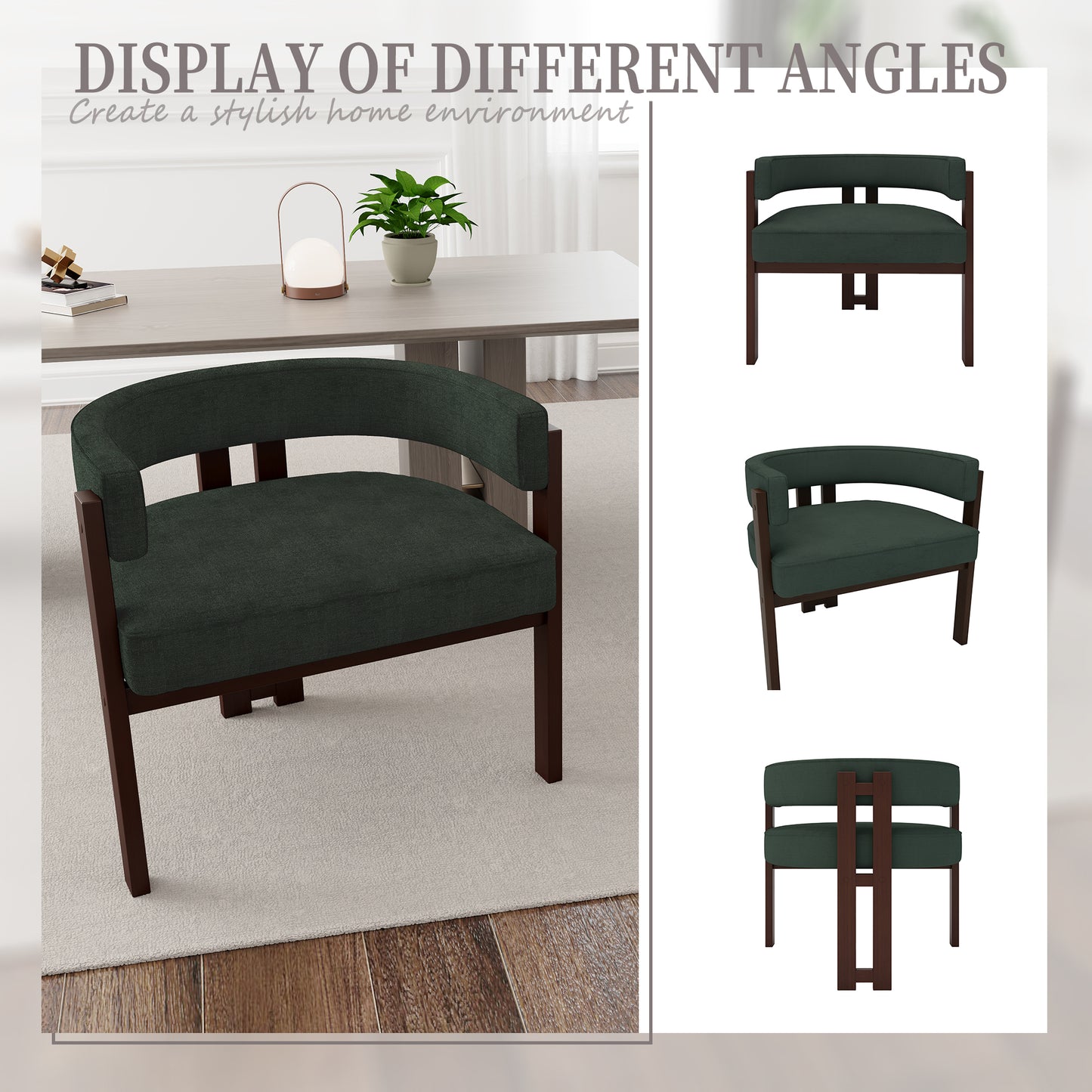 Dark green upholstered accent chair with dark wood frame and curved backrest