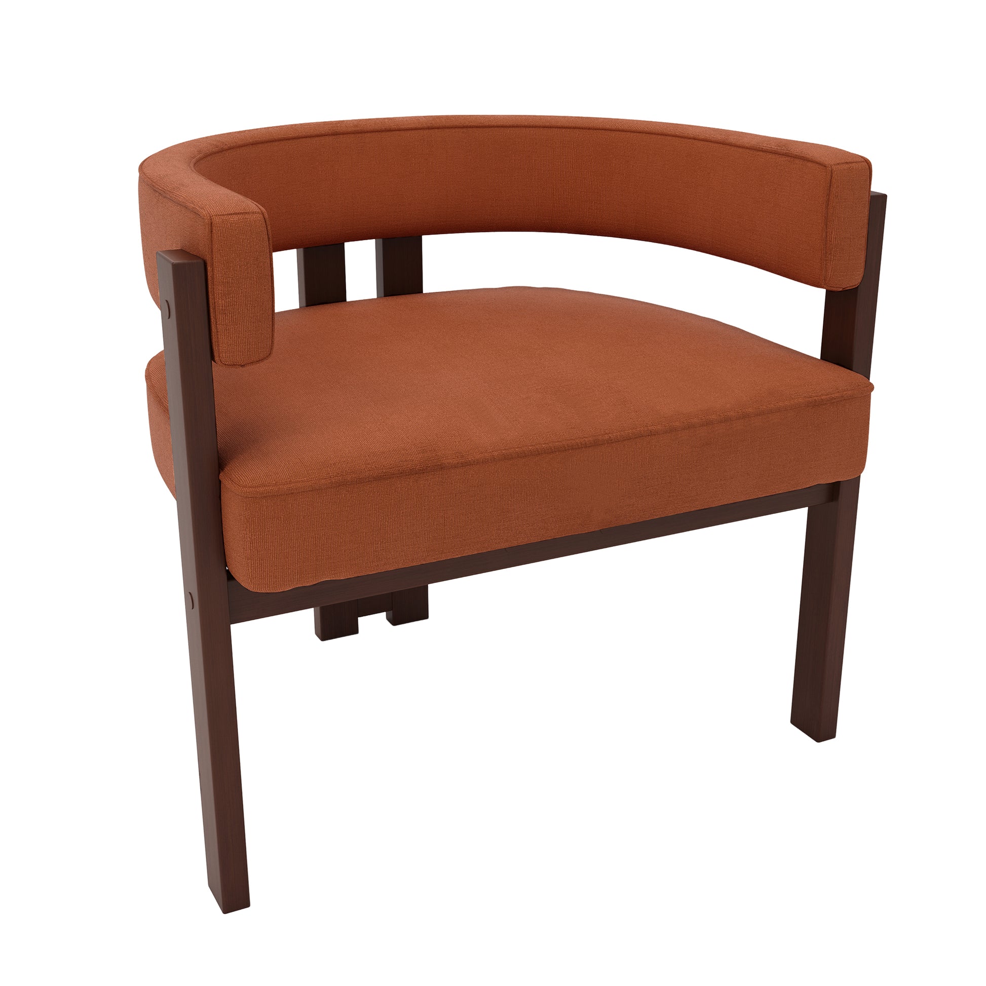 Curved back terracotta fabric accent chair with dark wood frame for modern living rooms