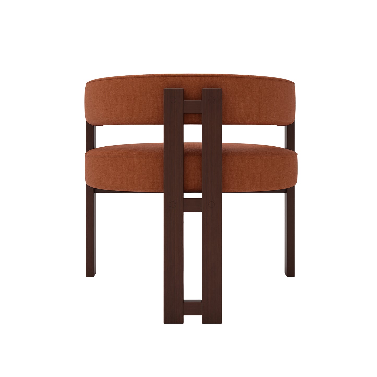 Midcentury modern accent chair with terracotta fabric upholstery and dark wood frame