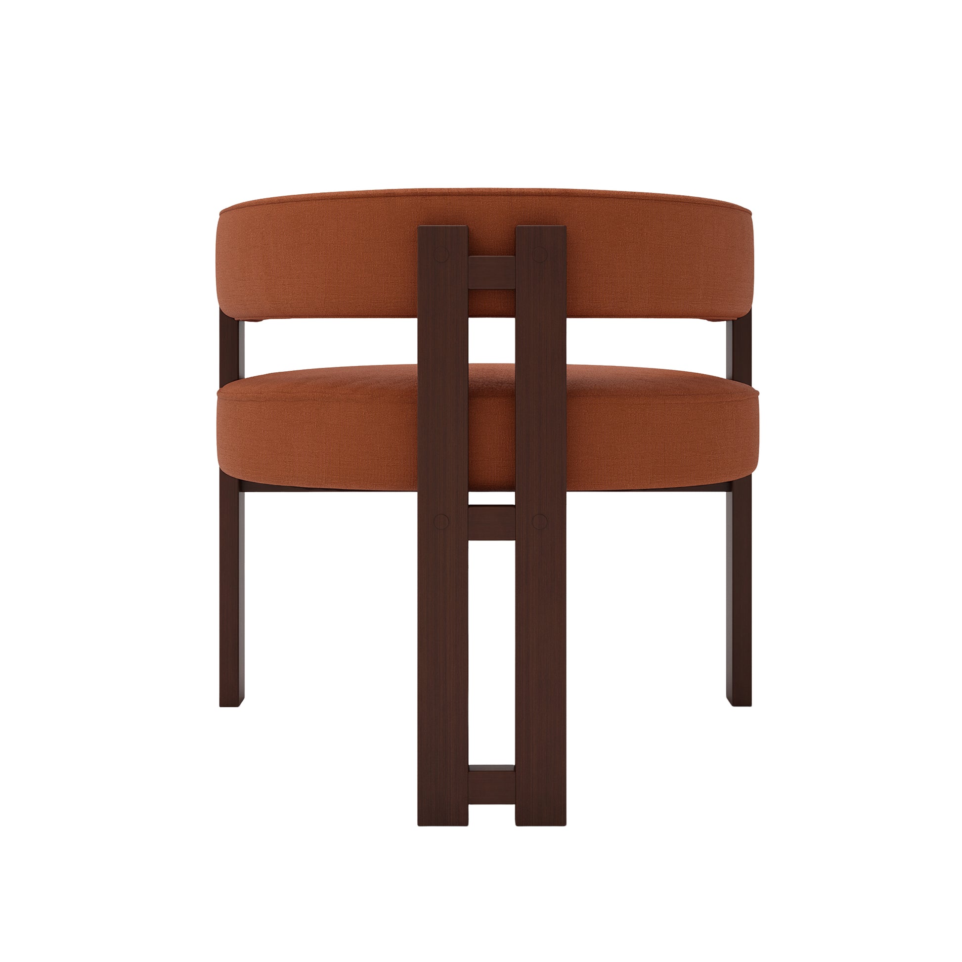 Midcentury modern accent chair with terracotta fabric upholstery and dark wood frame