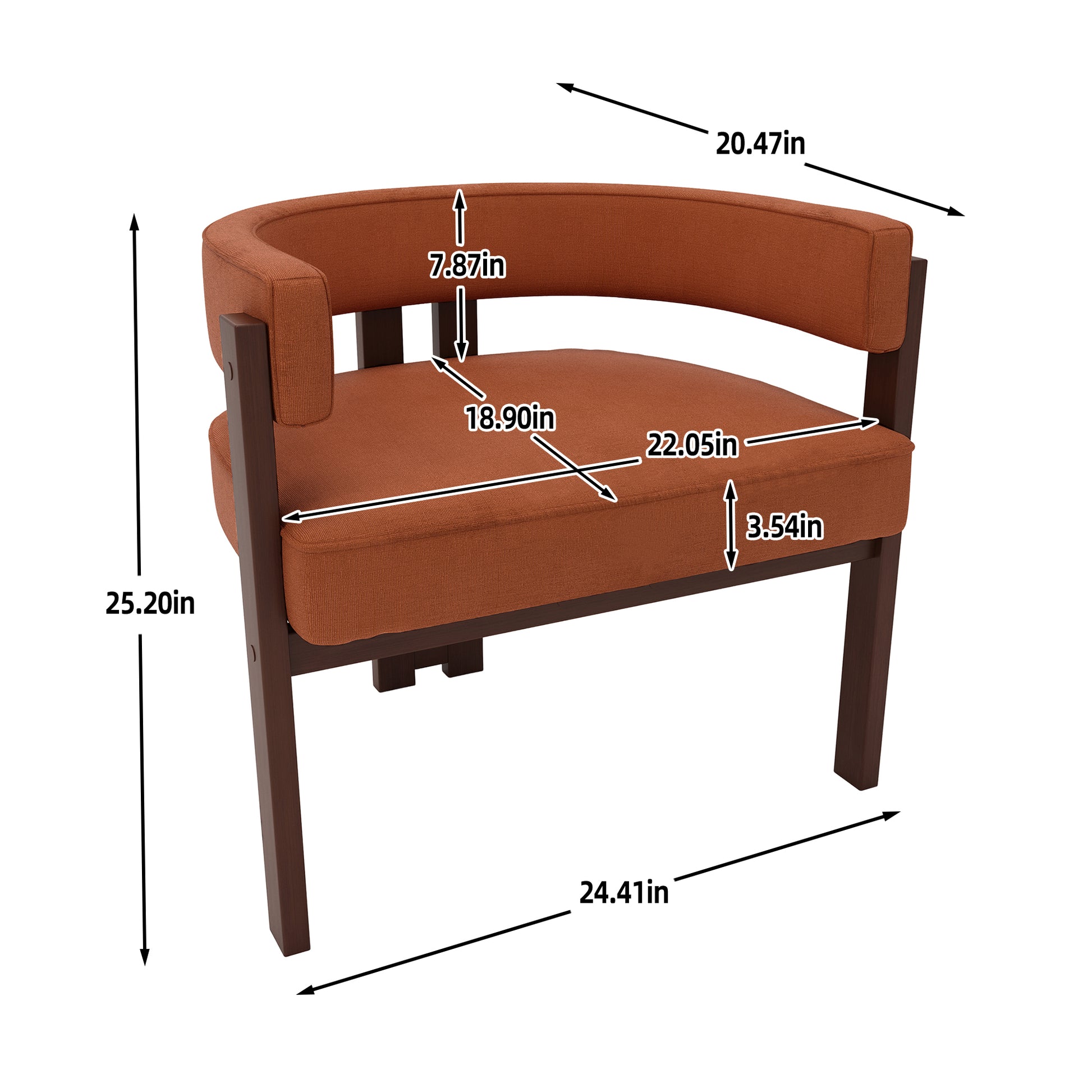 Terracotta upholstered barrel chair with dark wood frame and dimensions shown