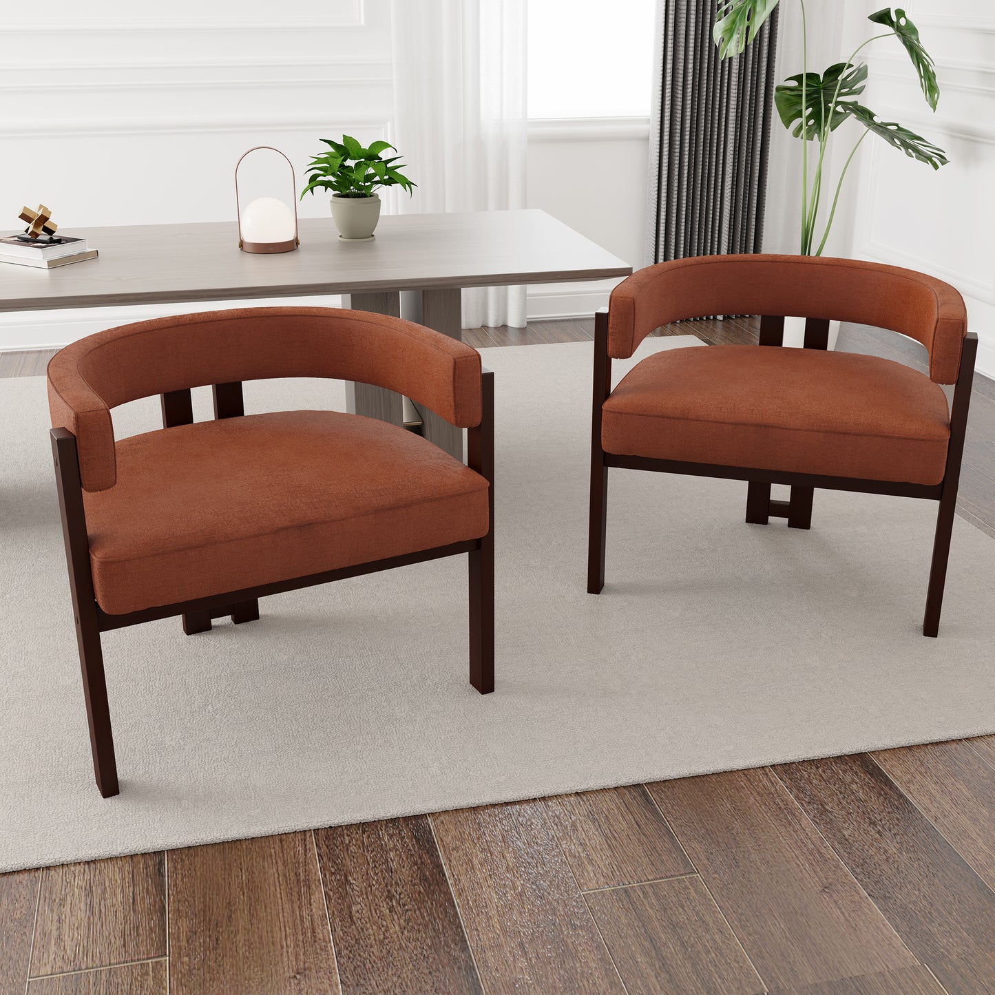 Terracotta upholstered accent chair with dark wood frame curved back and arms