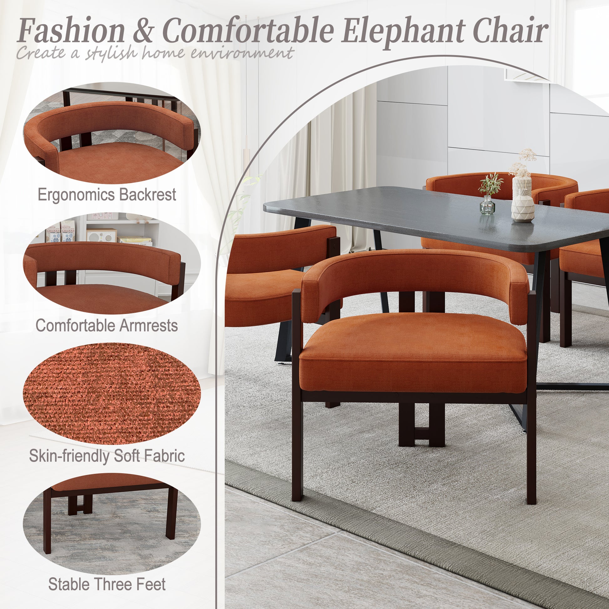 Orange upholstered dining chair with curved backrest and dark wood frame