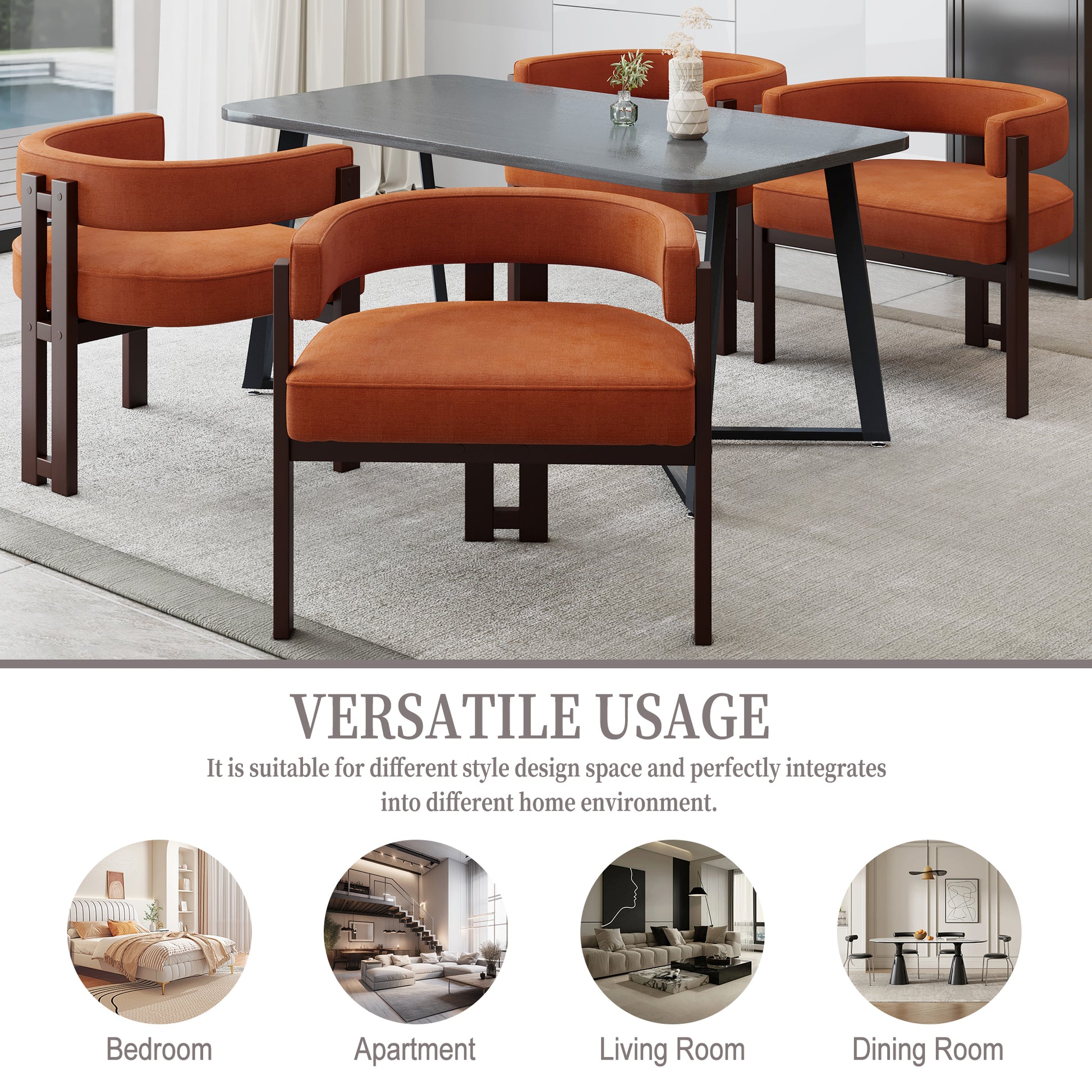 Set of  burnt orange upholstered dining chairs with dark wood frames and curved backs