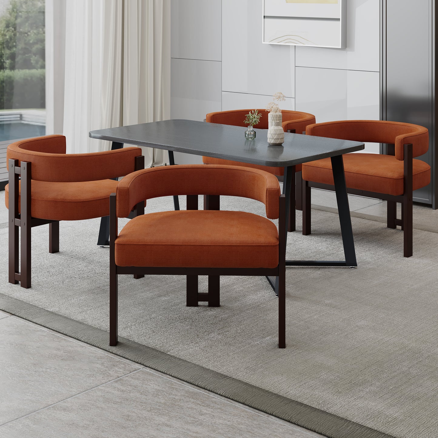 Modern dining chairs in burnt orange fabric with dark wood frames sold as a set of four