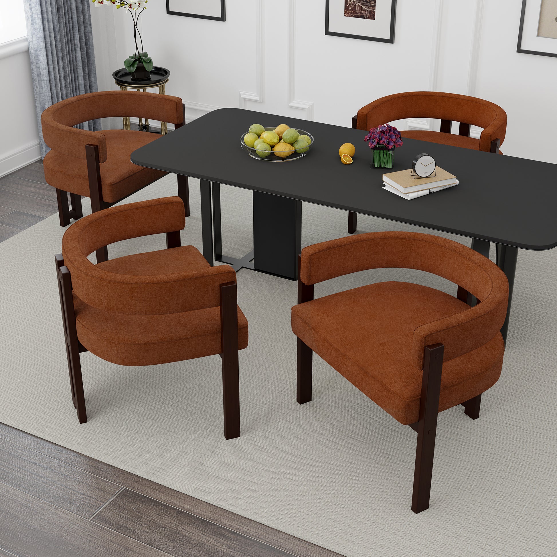 Brown upholstered dining chair with dark wood frame