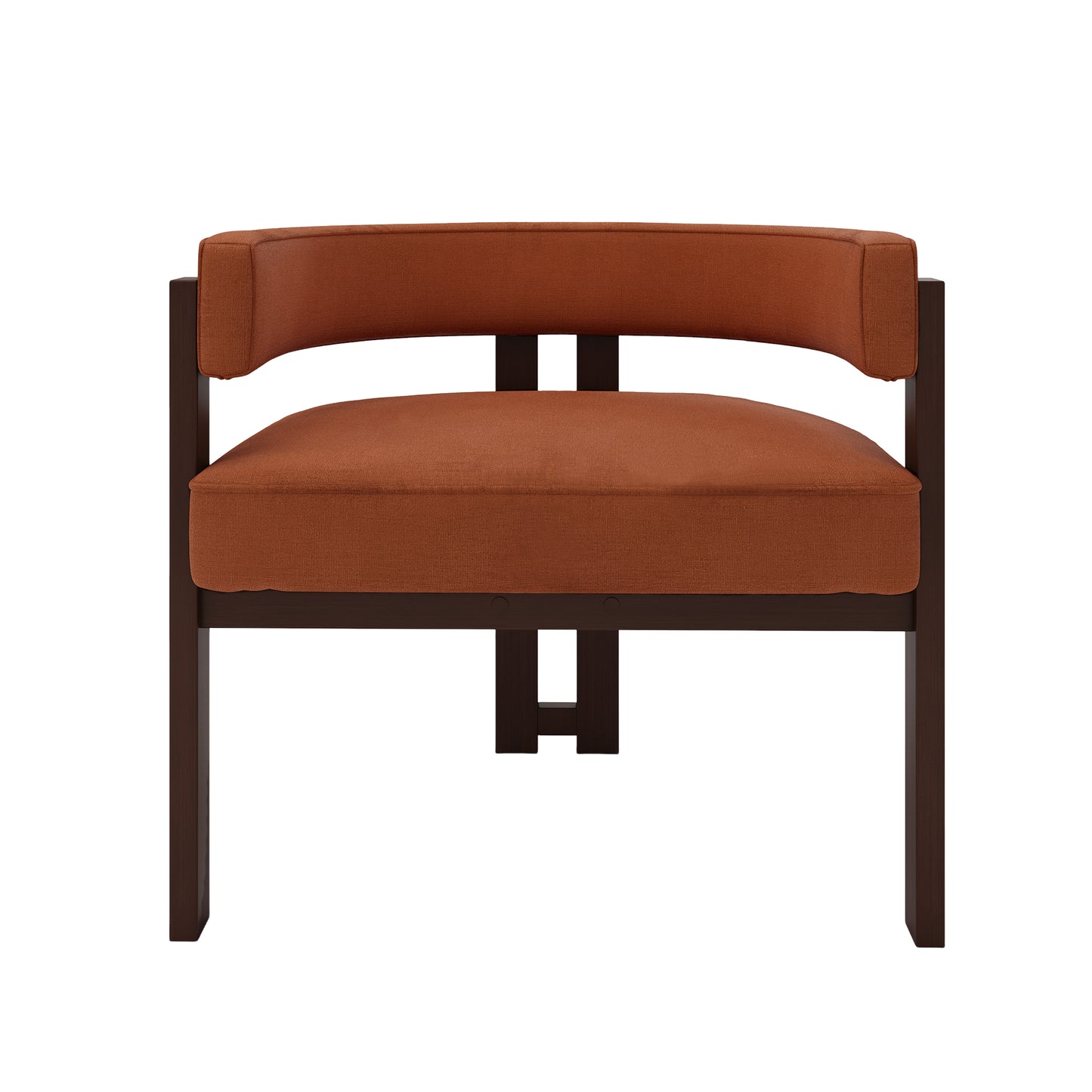 Upholstered accent chair with a rich terracotta fabric and dark wood frame