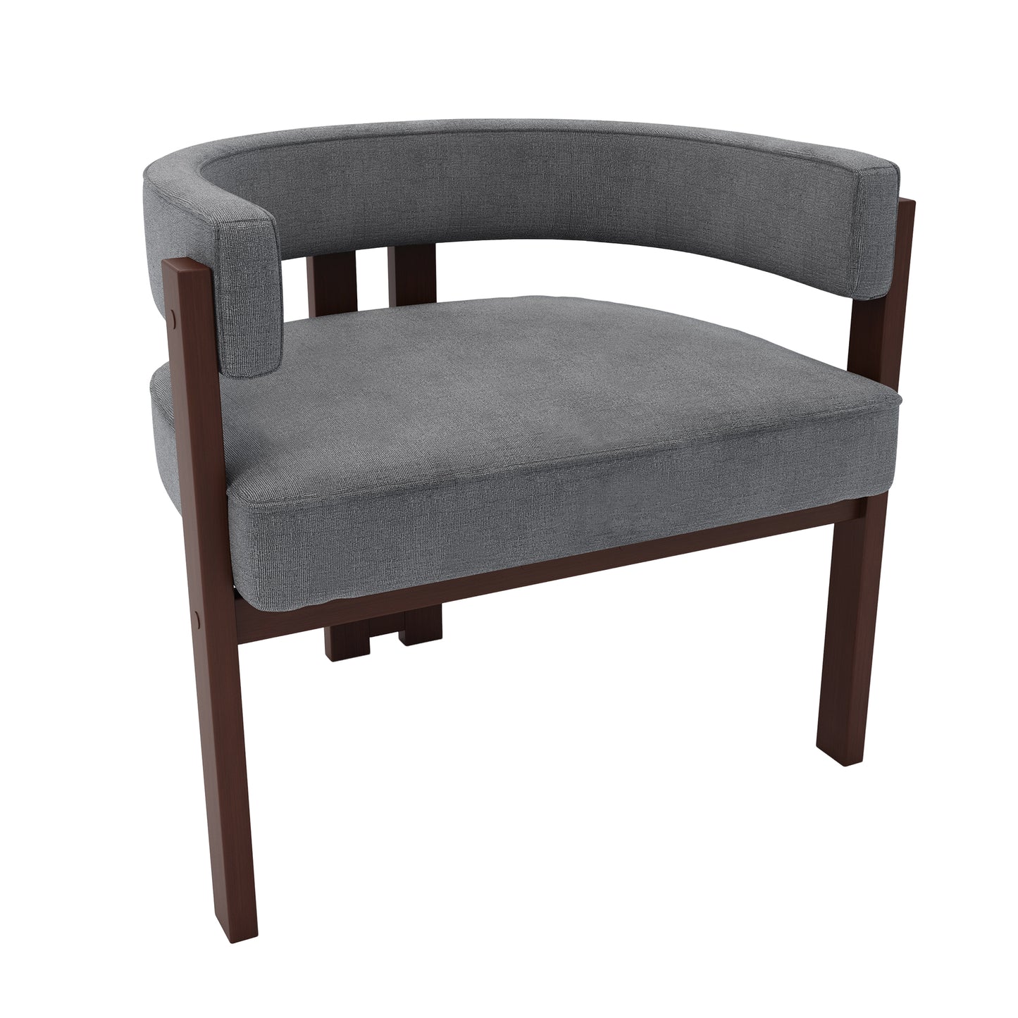Gray fabric accent chair with a curved back and dark wood frame for modern living rooms