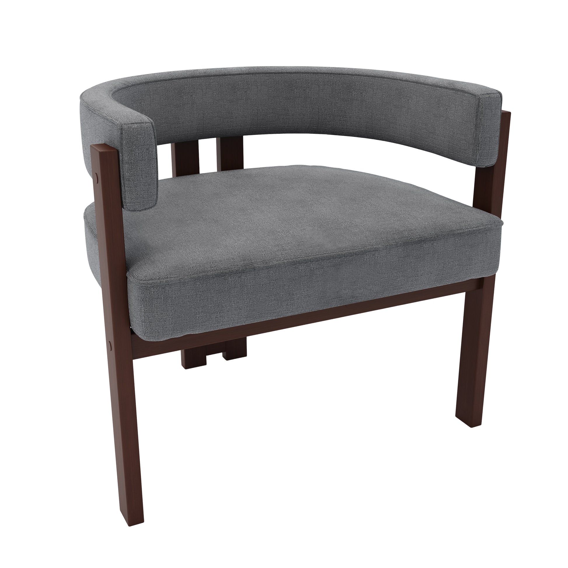 Gray fabric accent chair with a curved back and dark wood frame for modern living rooms
